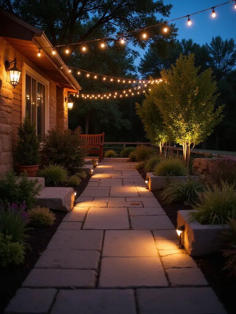 Cozy patio with strategic lighting at dusk, highlighting string lights and uplights.