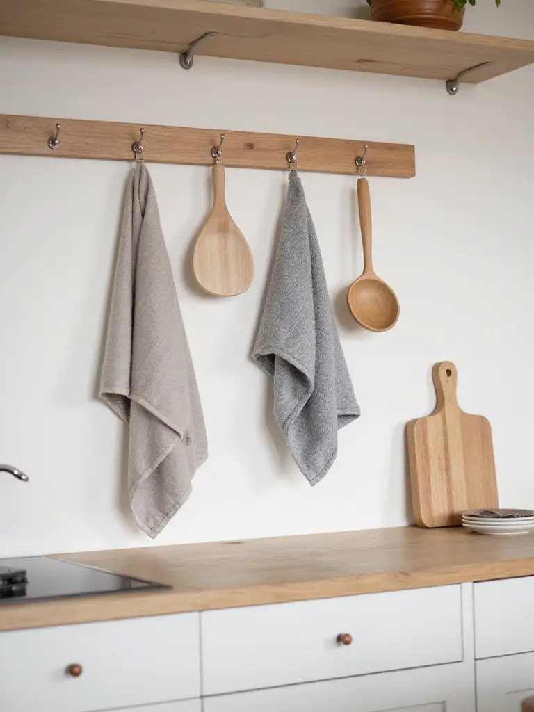 A beautifully organized Scandinavian kitchen with functional wall hooks displaying utensils and towels.