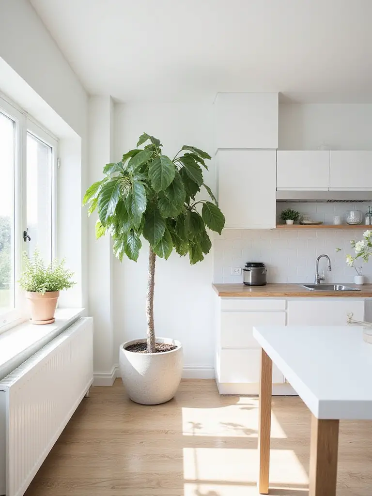 A Scandinavian kitchen with a Fiddle Leaf Fig and minimalist decor.