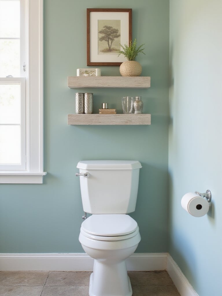Professional photo of a well-measured over-toilet shelf in a stylish bathroom