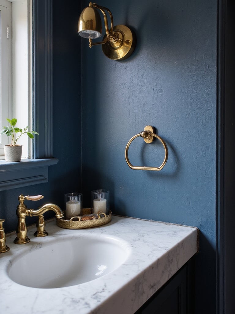Luxurious bathroom featuring deep navy blue wallpaper and polished brass fixtures.