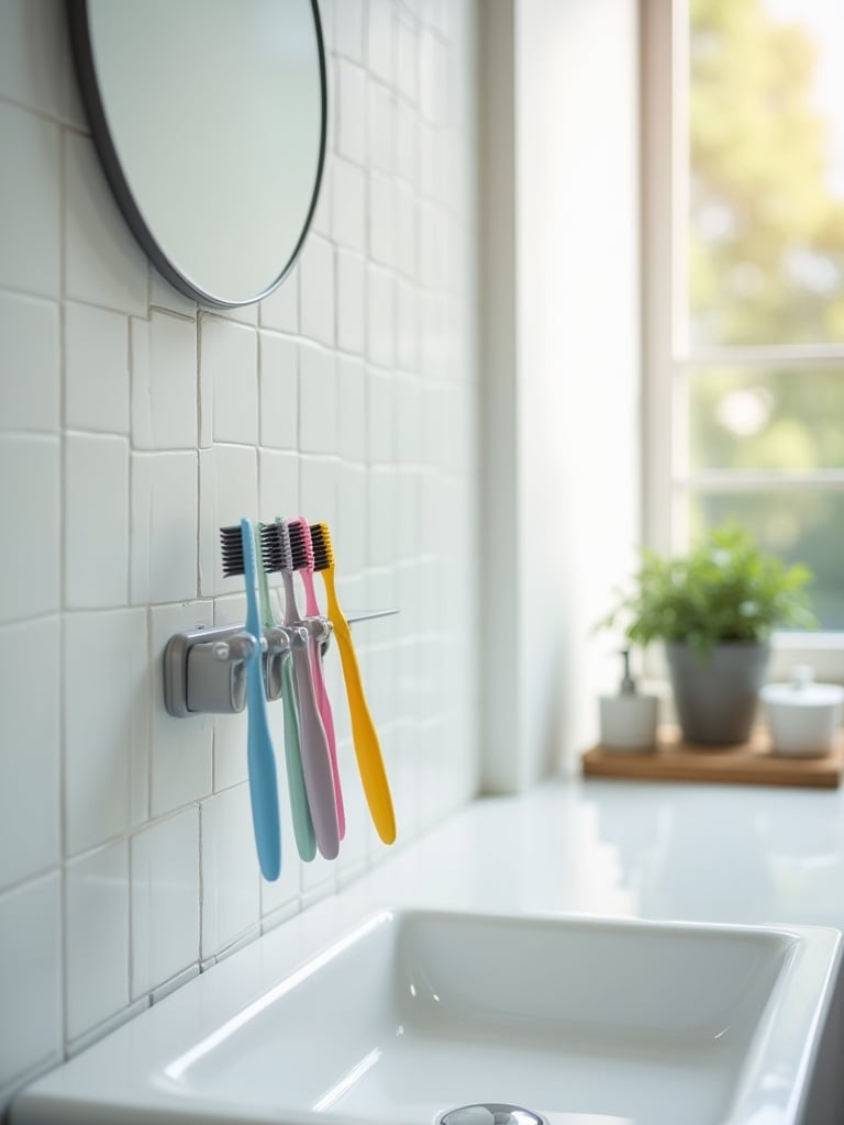 Minimalist bathroom with wall-mounted toothbrush holder and colorful toothbrushes