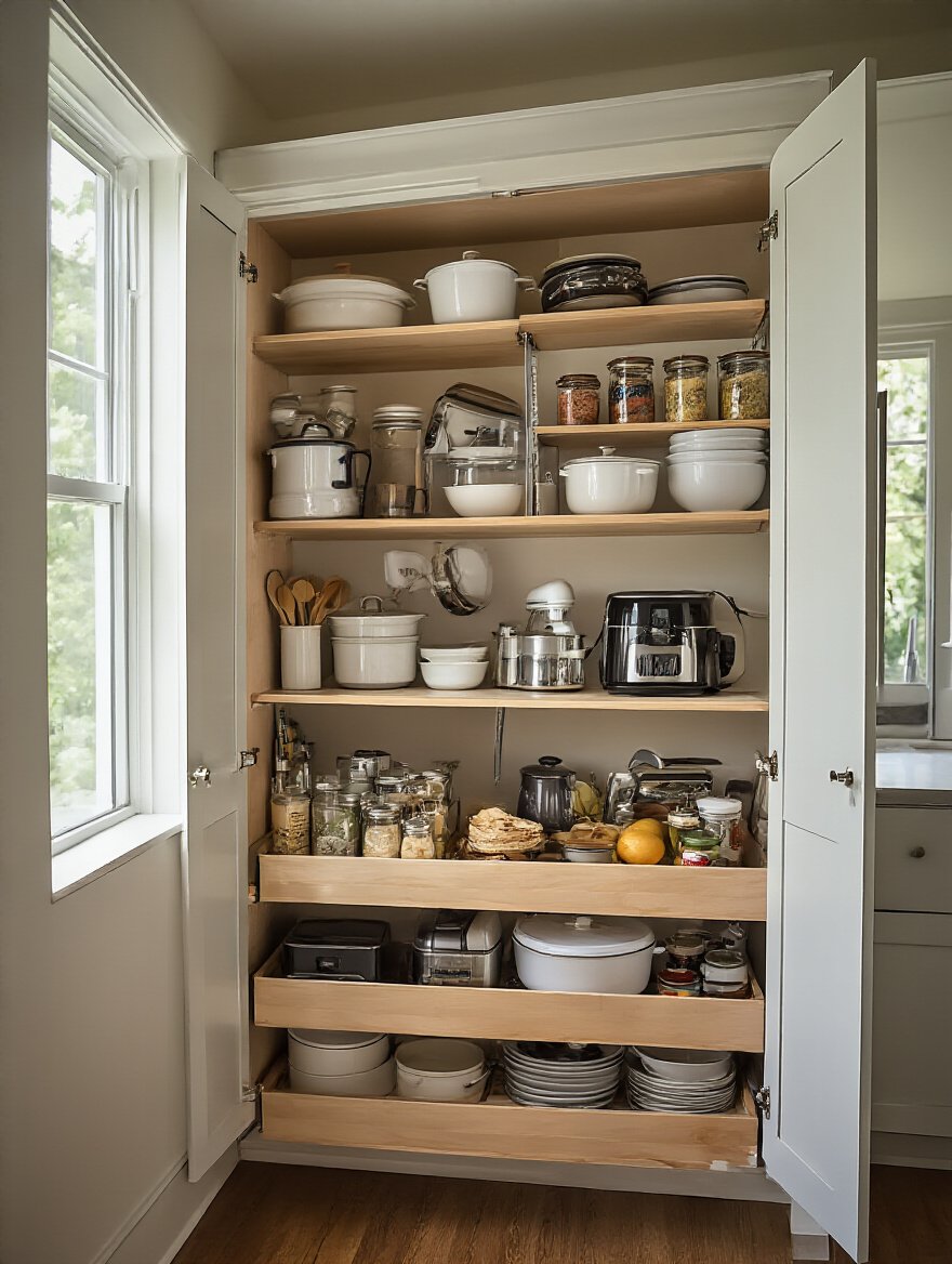 Organized kitchen cabinet showcasing cookware and pantry items