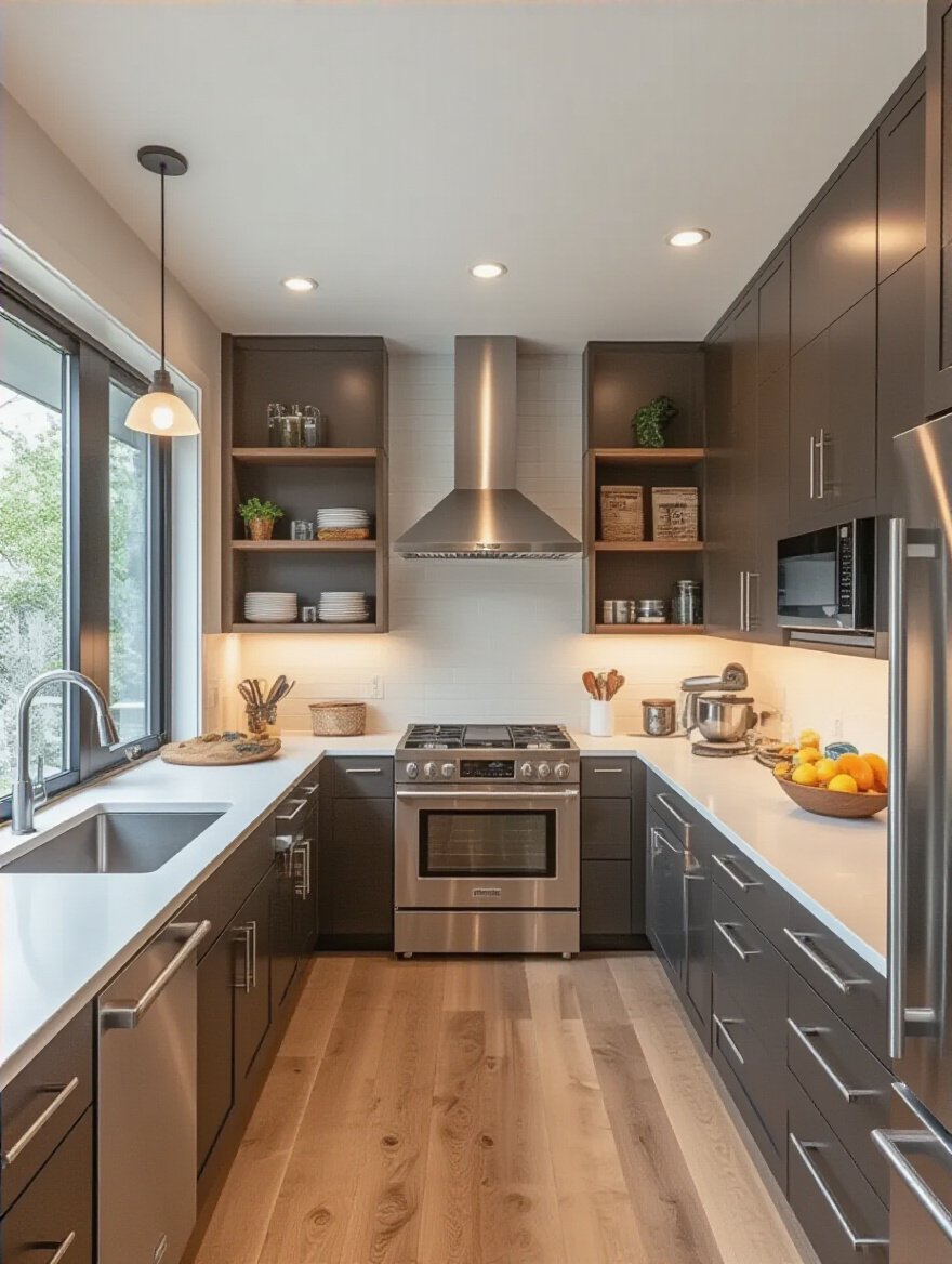 Modern kitchen interior with functional layout and appliances tailored to lifestyle needs, warm natural lighting, no people