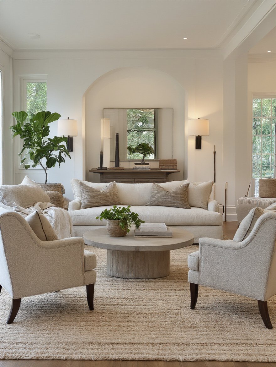 Living room with a visual pathway connecting chairs and sofa groupings using area rug and coordinated decor