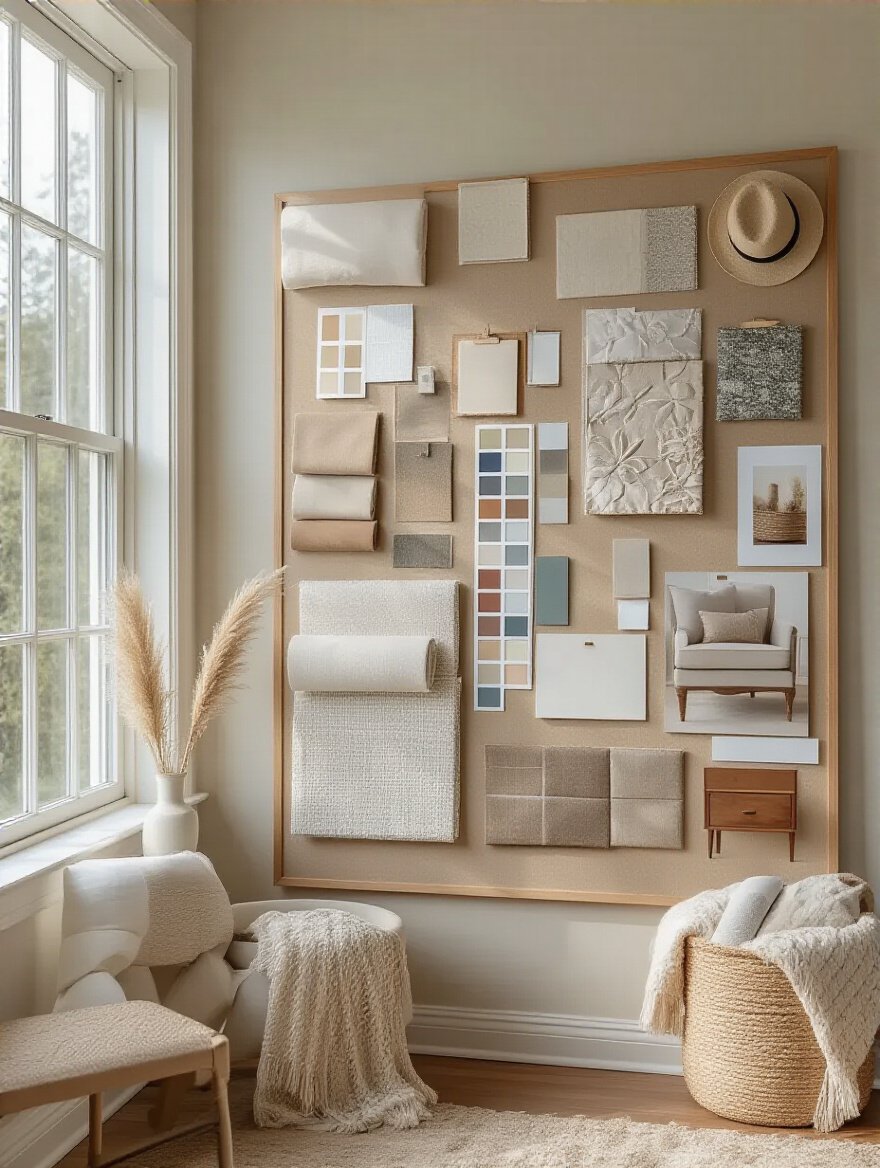 Cohesive bedroom design board with fabric swatches, paint chips, and furniture images arranged neatly