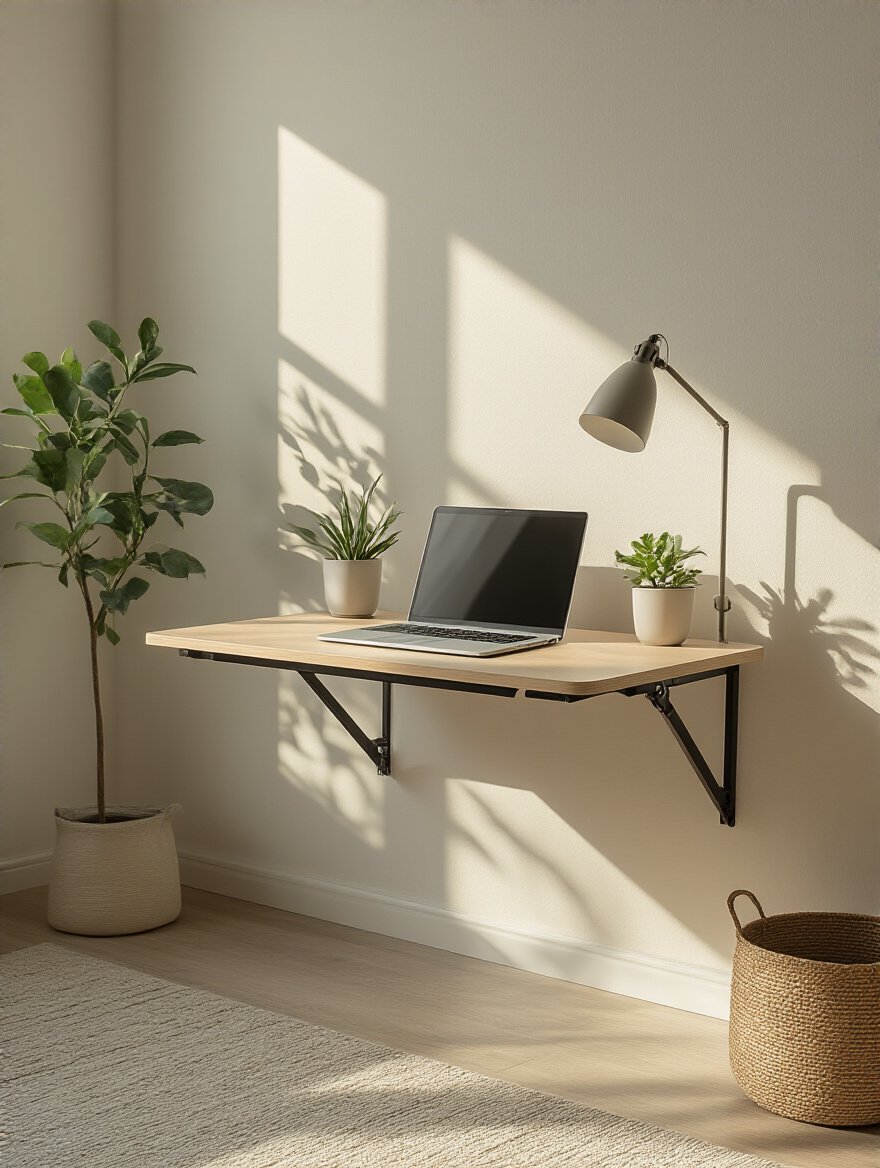 Small bedroom with a folded-down wall-mounted desk in use, showing a neat and modern workspace with no people