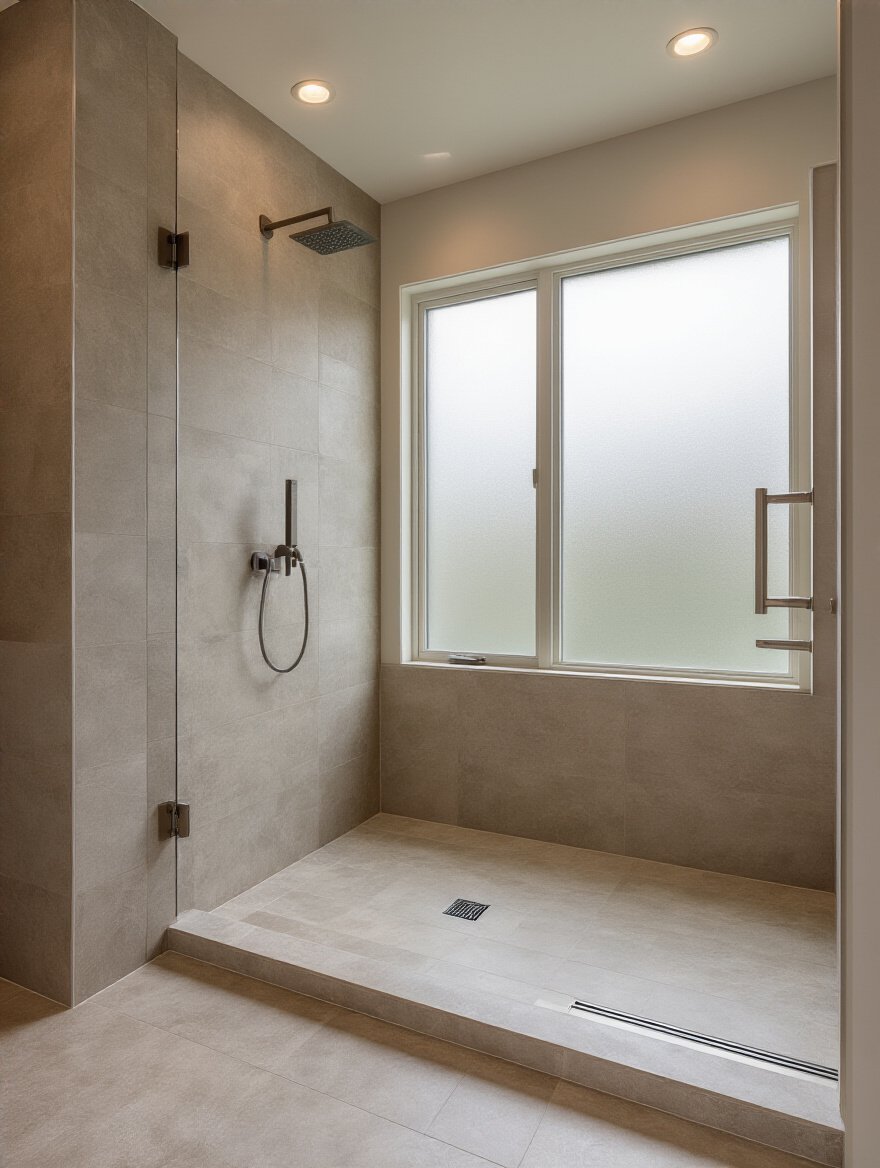 Minimalist bathroom with a curbless shower featuring large format tiles and a linear drain, creating a seamless and open look
