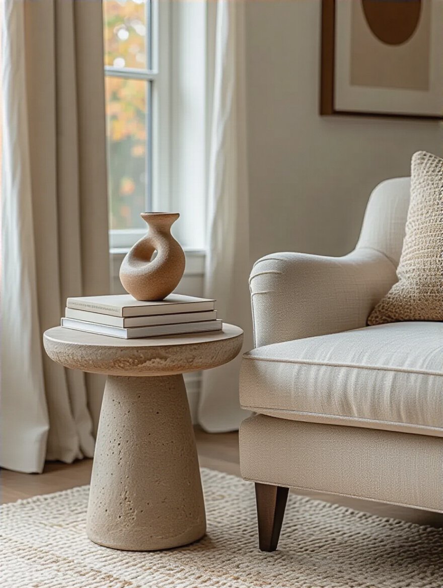 Cozy living room chair styled with artistic books, sculpture, and trinkets on an adjacent side table