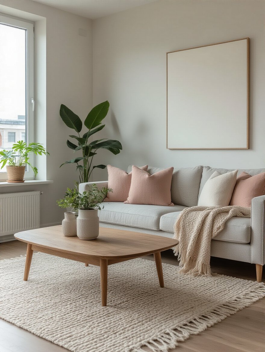 Apartment living room with a cohesive color palette featuring off-white walls, light gray sofa, and muted blush accents, styled with natural lighting and varied textures.