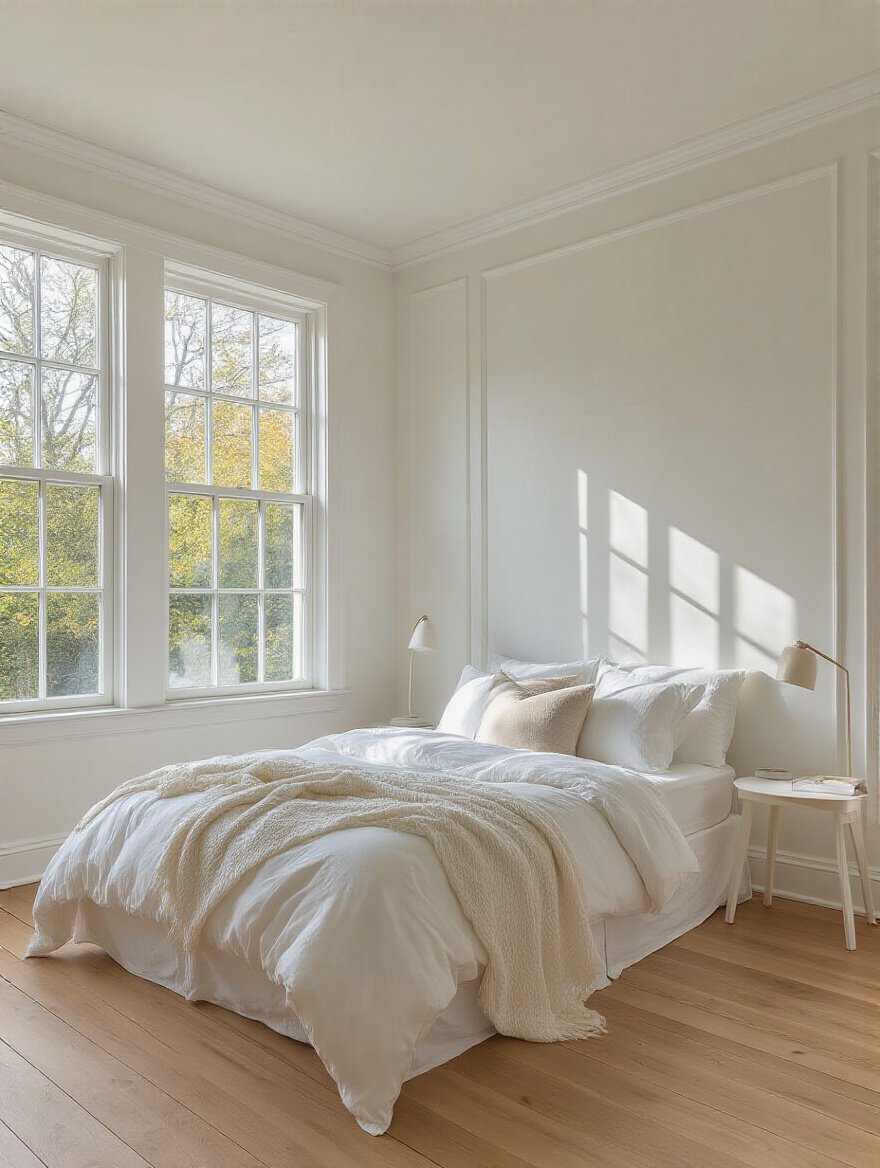Bright white bedroom showcasing optimal brightness with warm undertone white paint and natural light