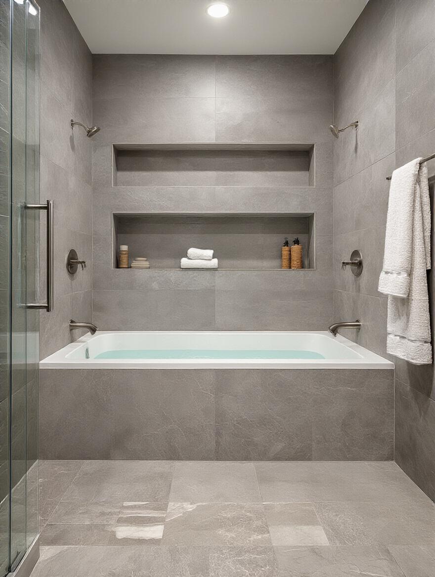 Vertical photo of a modern shower and tub alcove featuring recessed built-in niches with LED lighting and neatly arranged toiletries