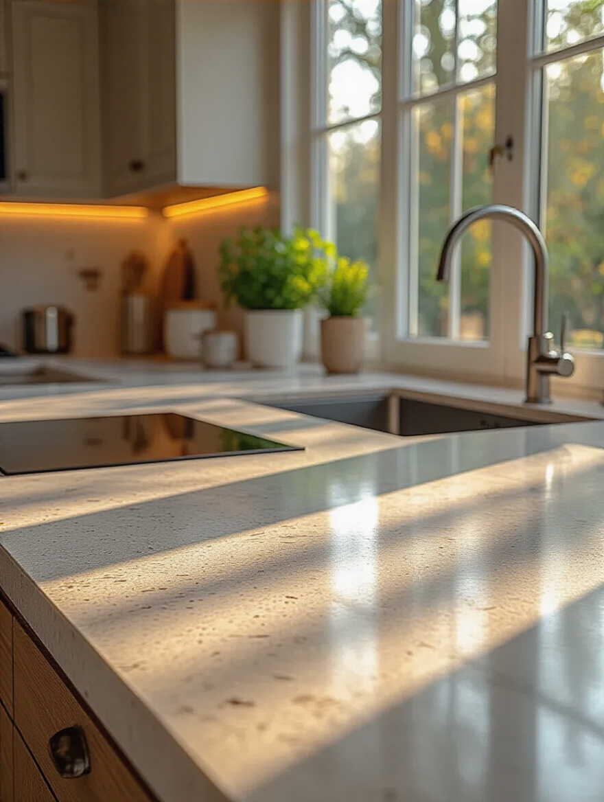 Close-up of a polished quartz kitchen countertop showcasing durability and elegant design in a modern kitchen setting