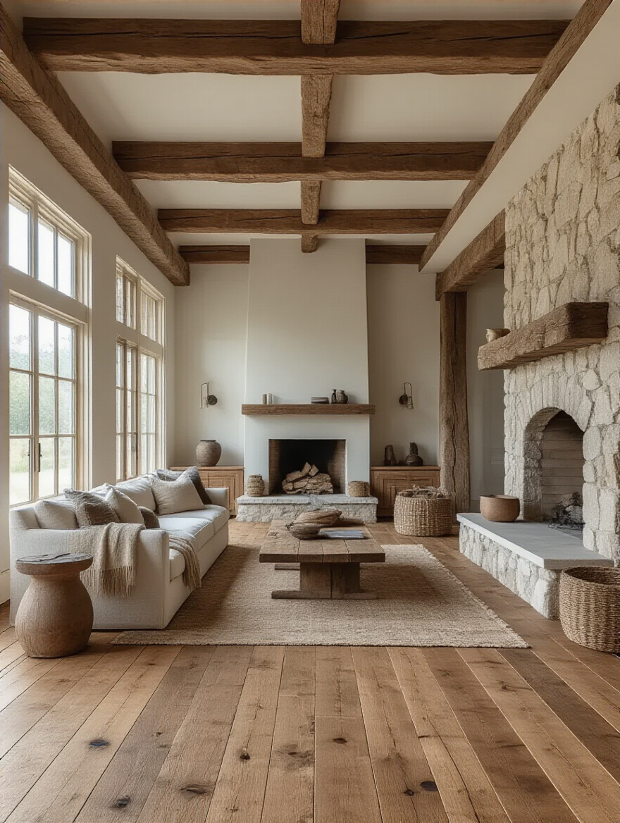Portrait view of a rustic living room with warm hardwood flooring, stone fireplace, and natural textures