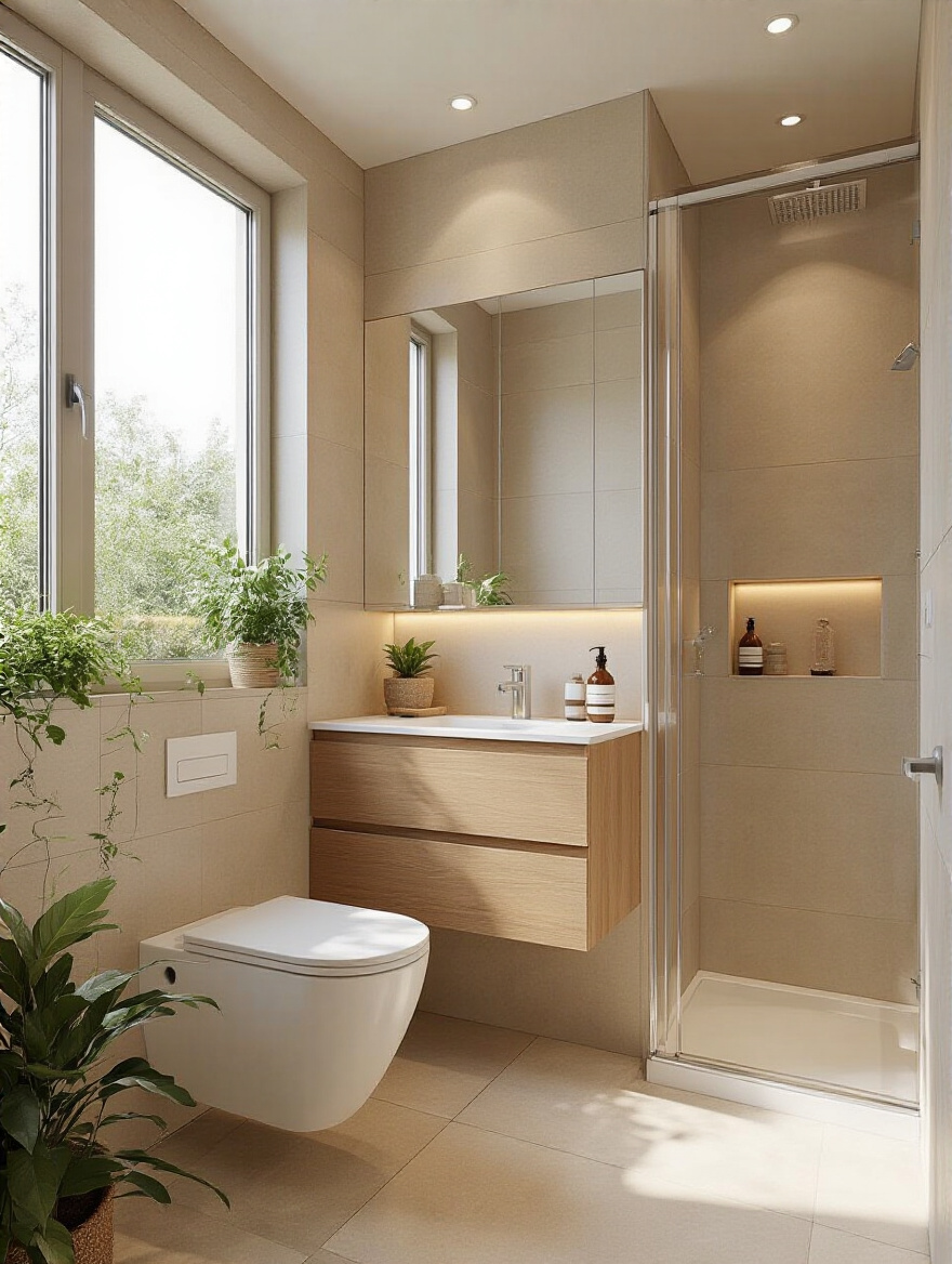 Portrait view of a small bathroom layout focused on functional planning and storage.