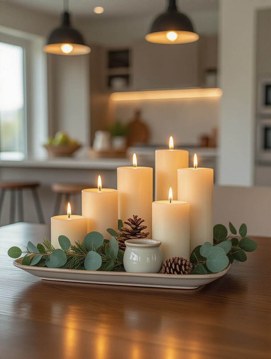 Portrait image of a candle grouping on a kitchen table bathed in warm candlelight