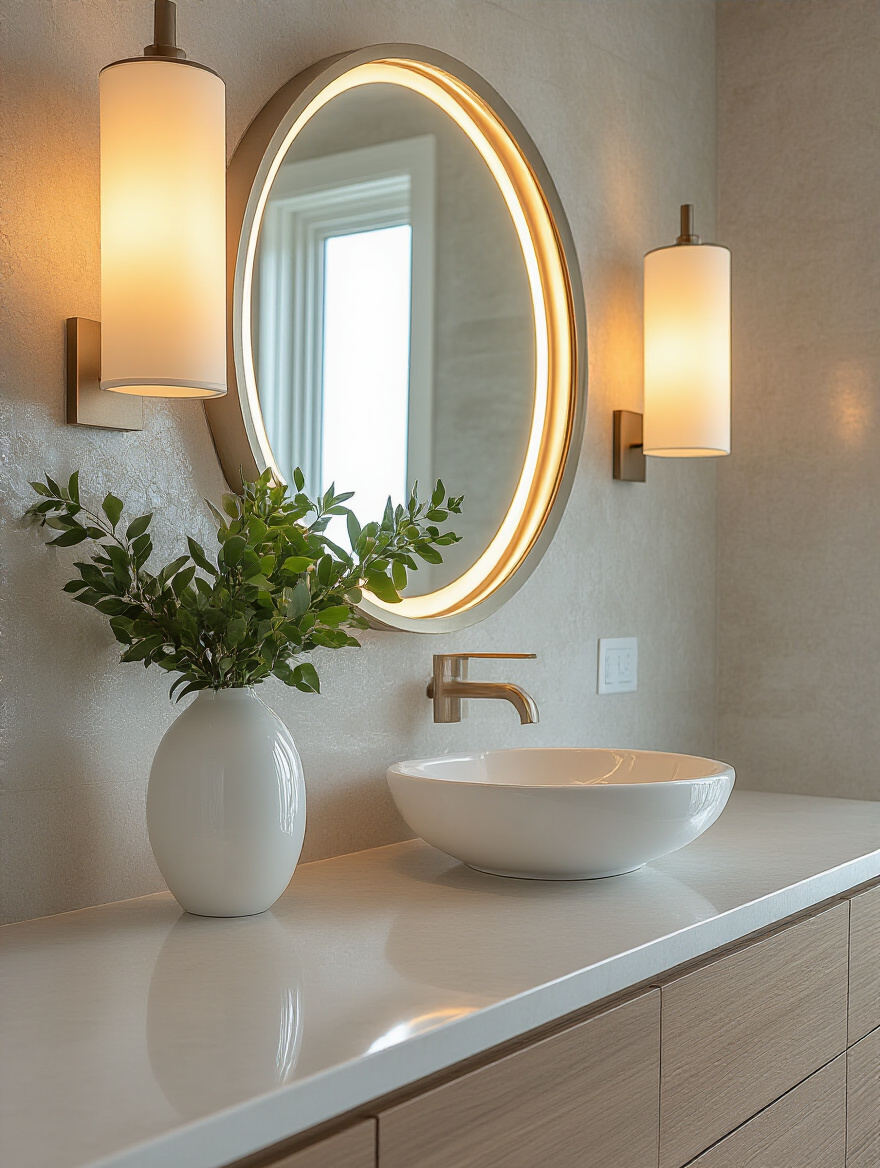 A modern bathroom vanity with a mirror illuminated by two different light temperatures, showcasing how varying Color Temperature (CCT) affects the perception of a neutral object on the countertop, emphasizing true skin tone lighting.