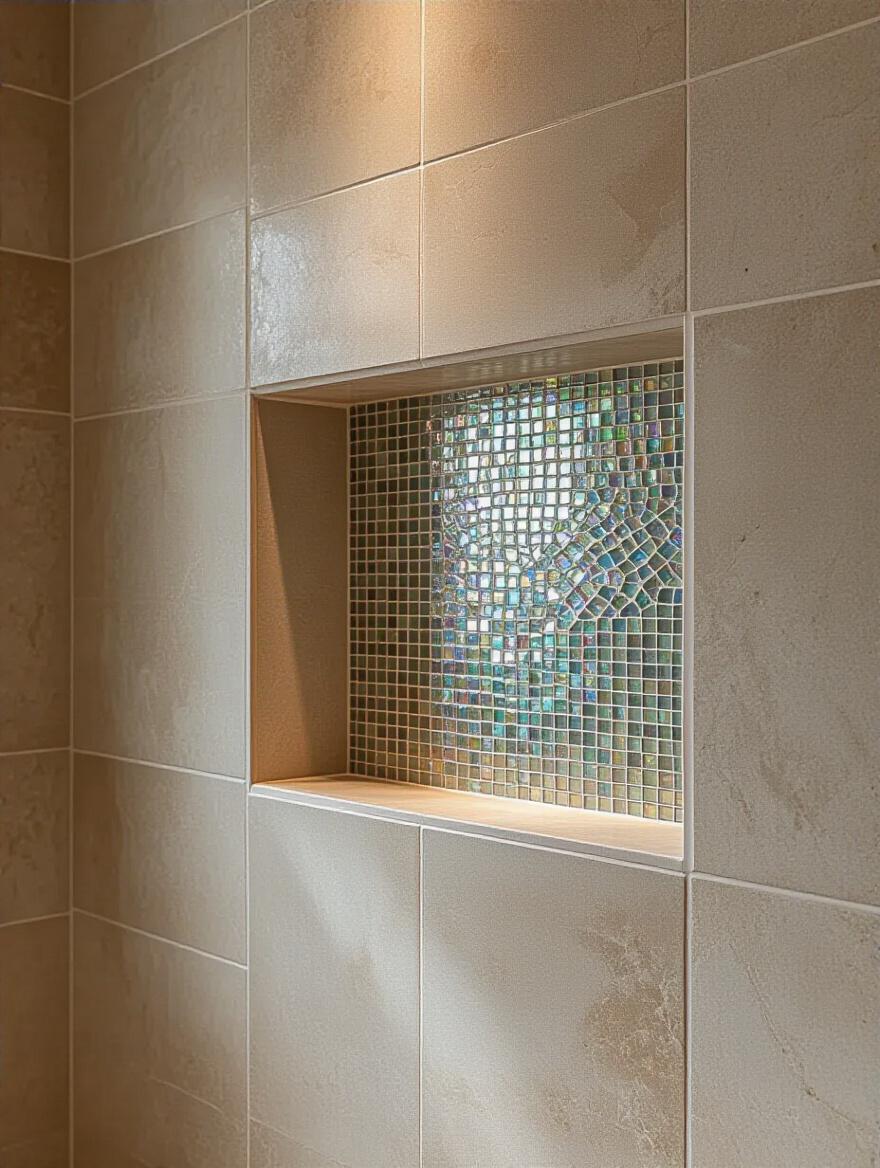 A close-up of a luxurious bathroom shower niche featuring iridescent blue and green small mosaic tiles, creating a detailed and sparkling accent against a larger neutral tile wall. Soft lighting highlights the intricate patterns and textures.