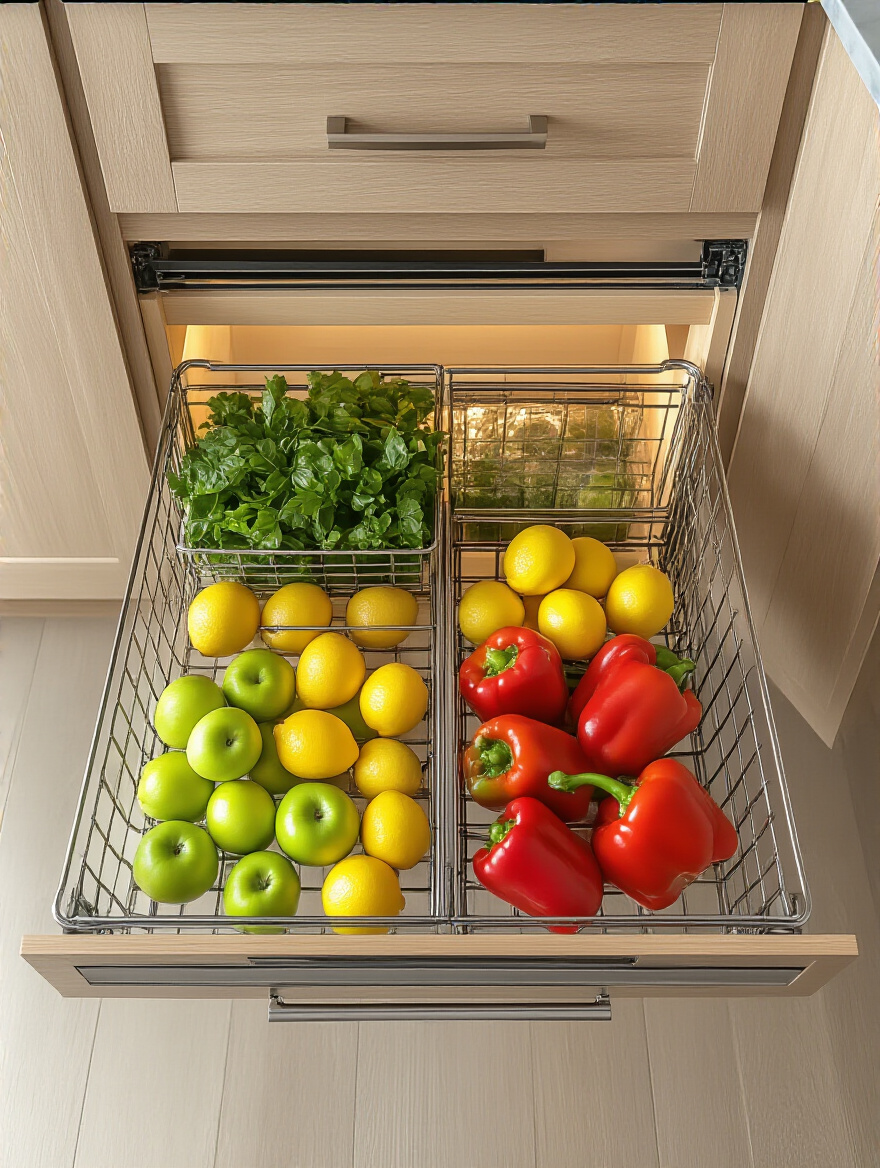 A fully extended wire pull-out shelf in a light wood kitchen lower cabinet, neatly displaying various fresh fruits and vegetables.