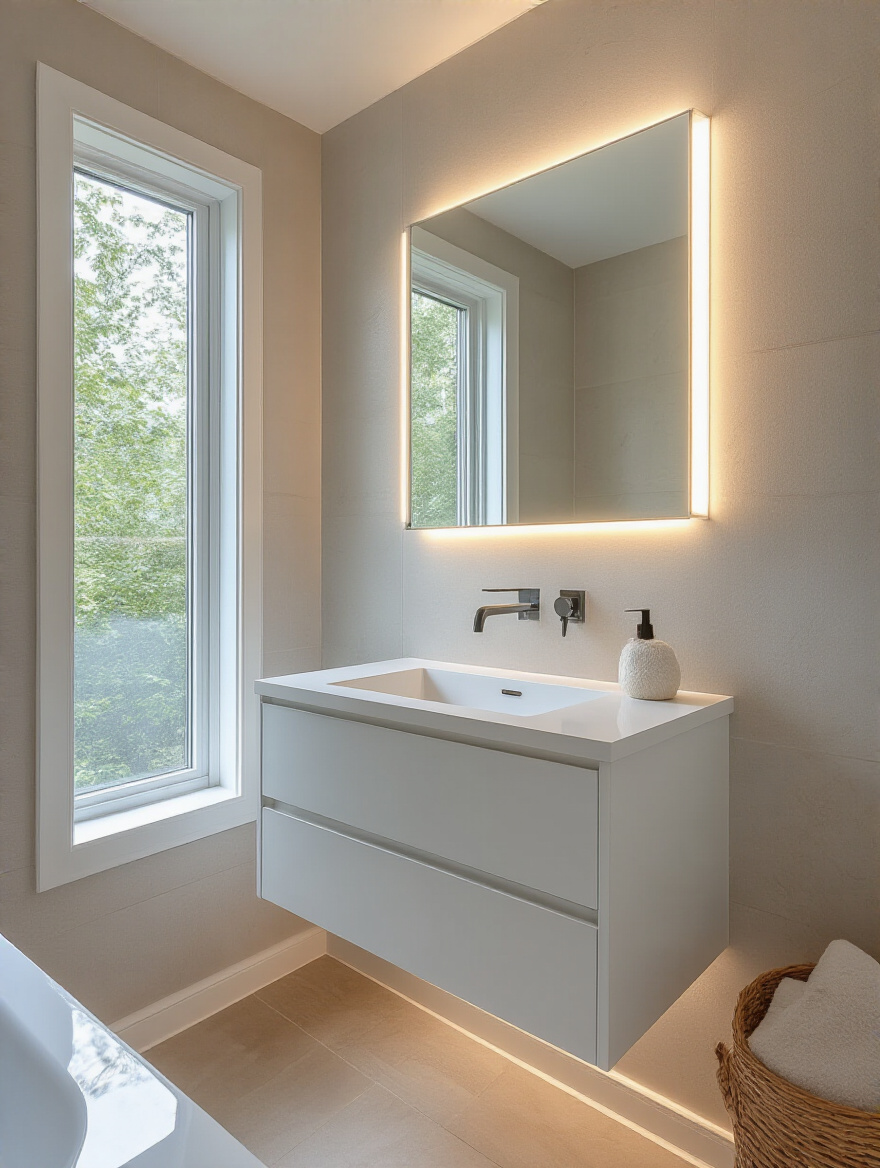 Oversized mirror reflecting light in a small bathroom