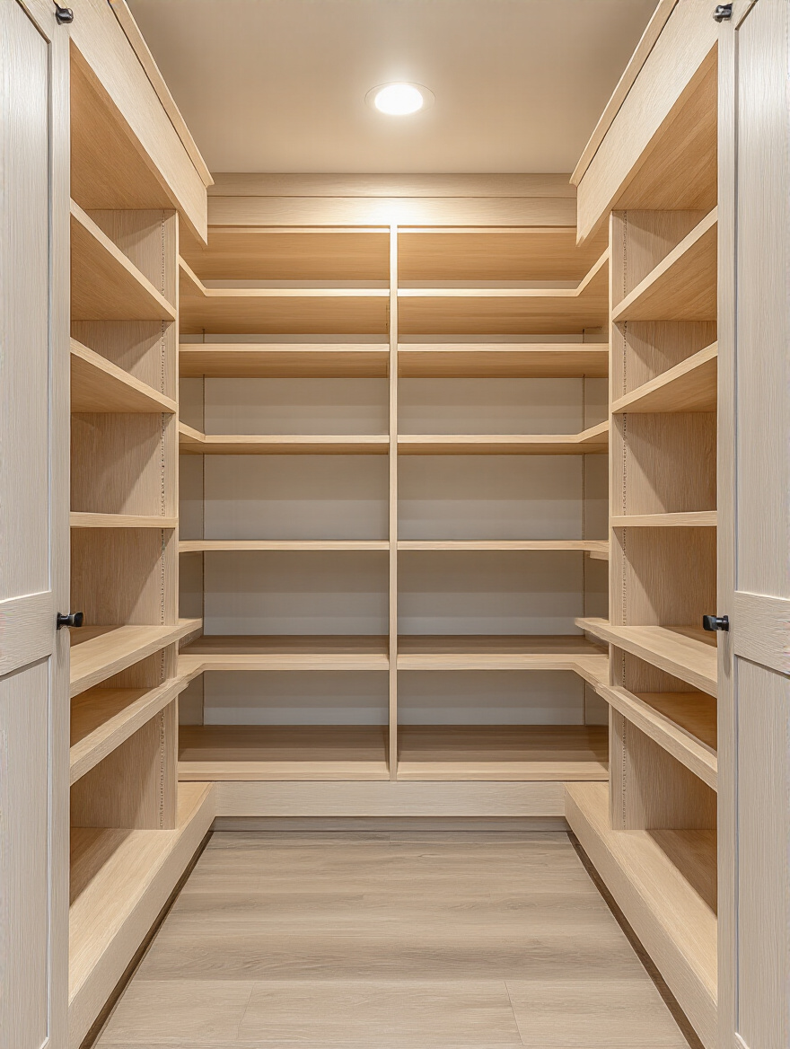 An open, empty kitchen cabinet interior bathed in soft light, highlighting its potential for optimal kitchen storage and organization.
