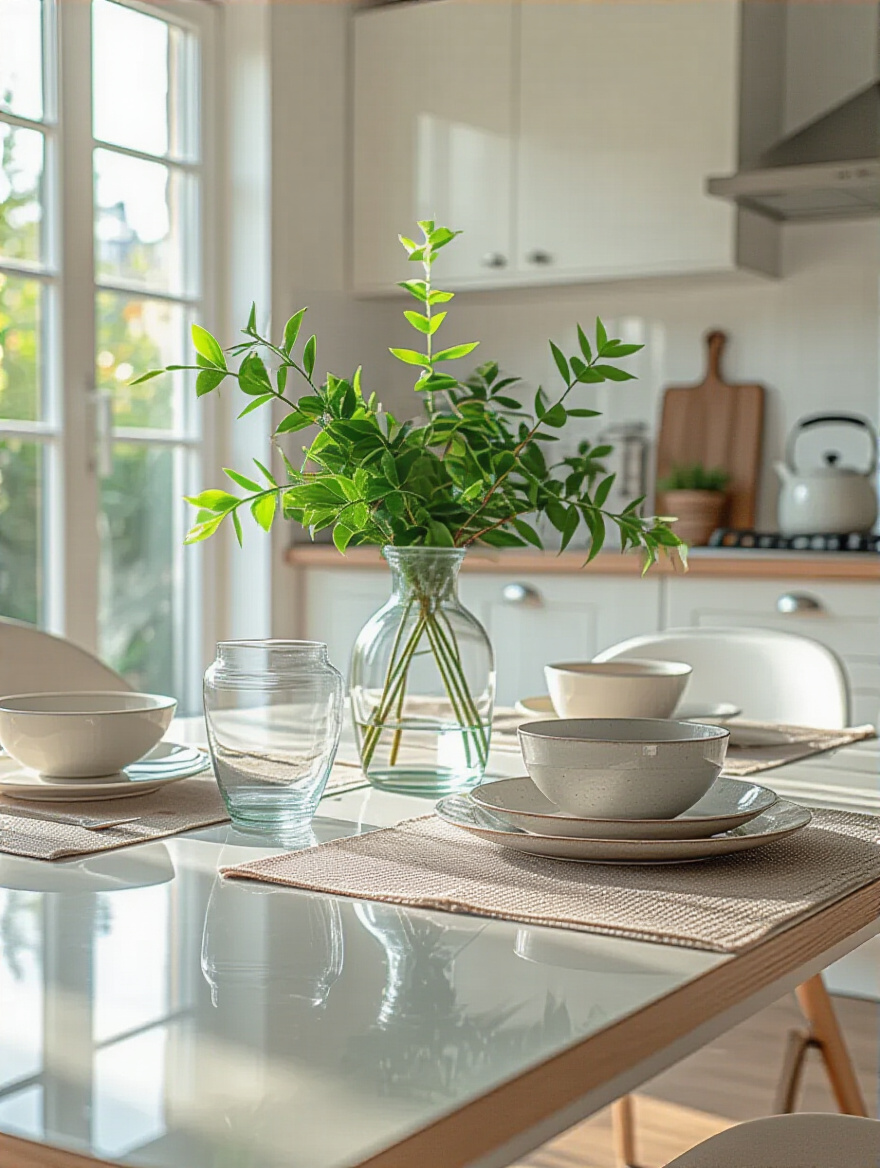 Portrait view of a modern kitchen table with easy-clean decor