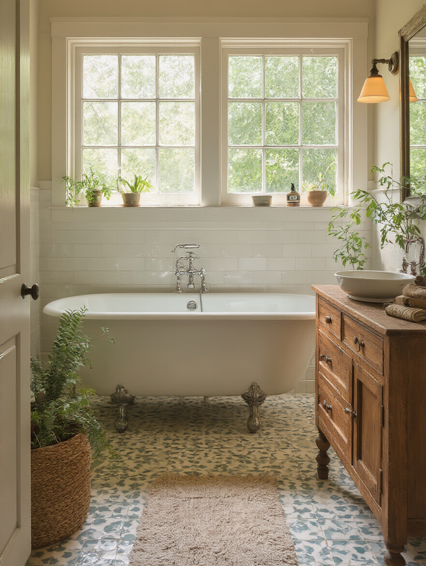 Vintage bathroom with eco-friendly fixtures and salvaged materials