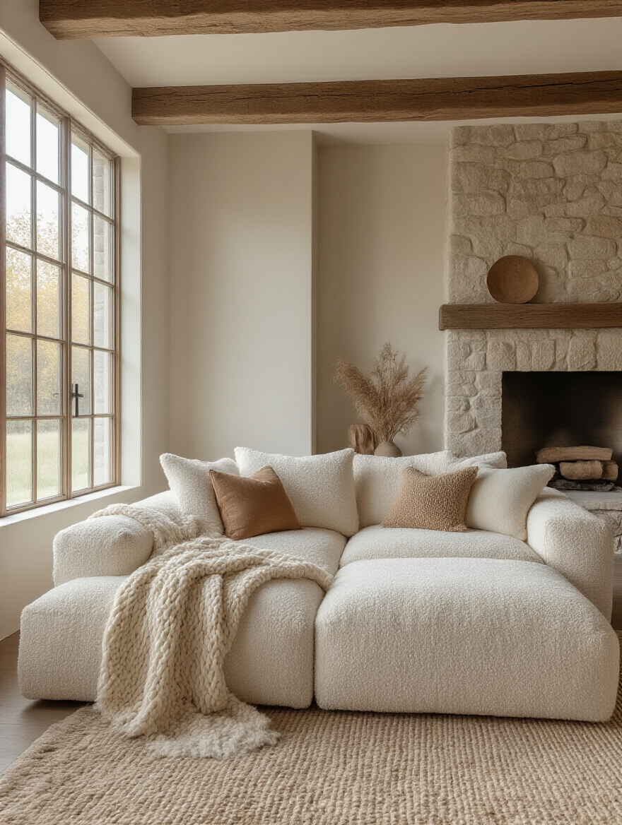 Portrait view of an oversized sofa as the rustic centerpiece in a living room