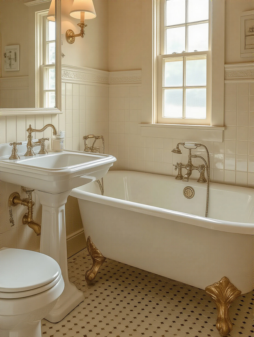 Portrait of vintage bathroom with pedestal sink, clawfoot tub and high-tank toilet
