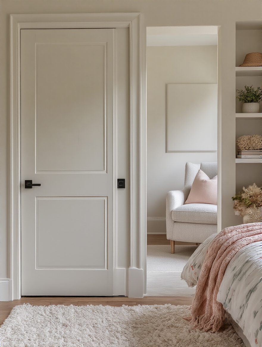 A beautifully designed teen girl's bedroom featuring a soundproofed solid core door with weatherstripping, decorative acoustic wall panels, and a plush rug, creating a quiet and private space for focus and relaxation. The room is decorated in soft pastels and natural textures.