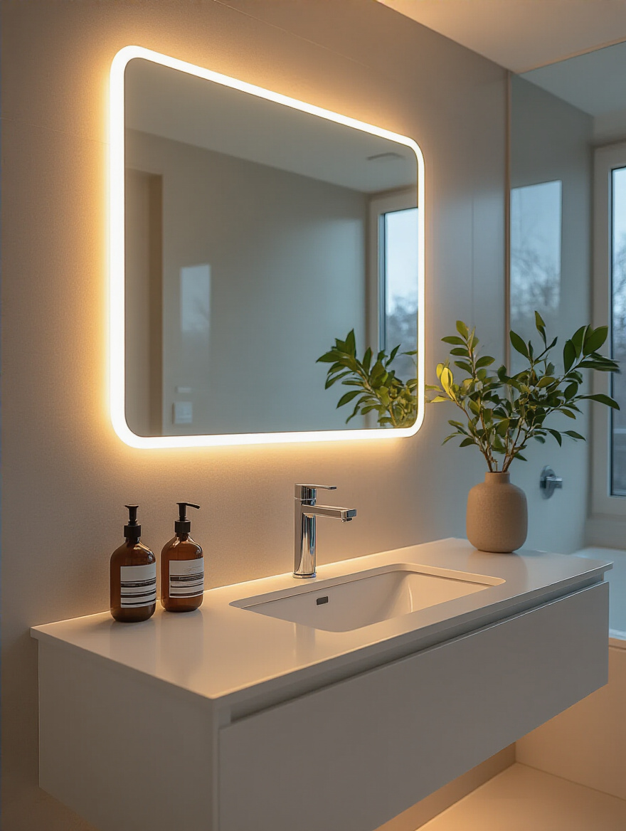 Modern bathroom vanity featuring sleek smart lighting systems and an LED-backlit mirror, showcasing programmable warm white illumination for convenience.