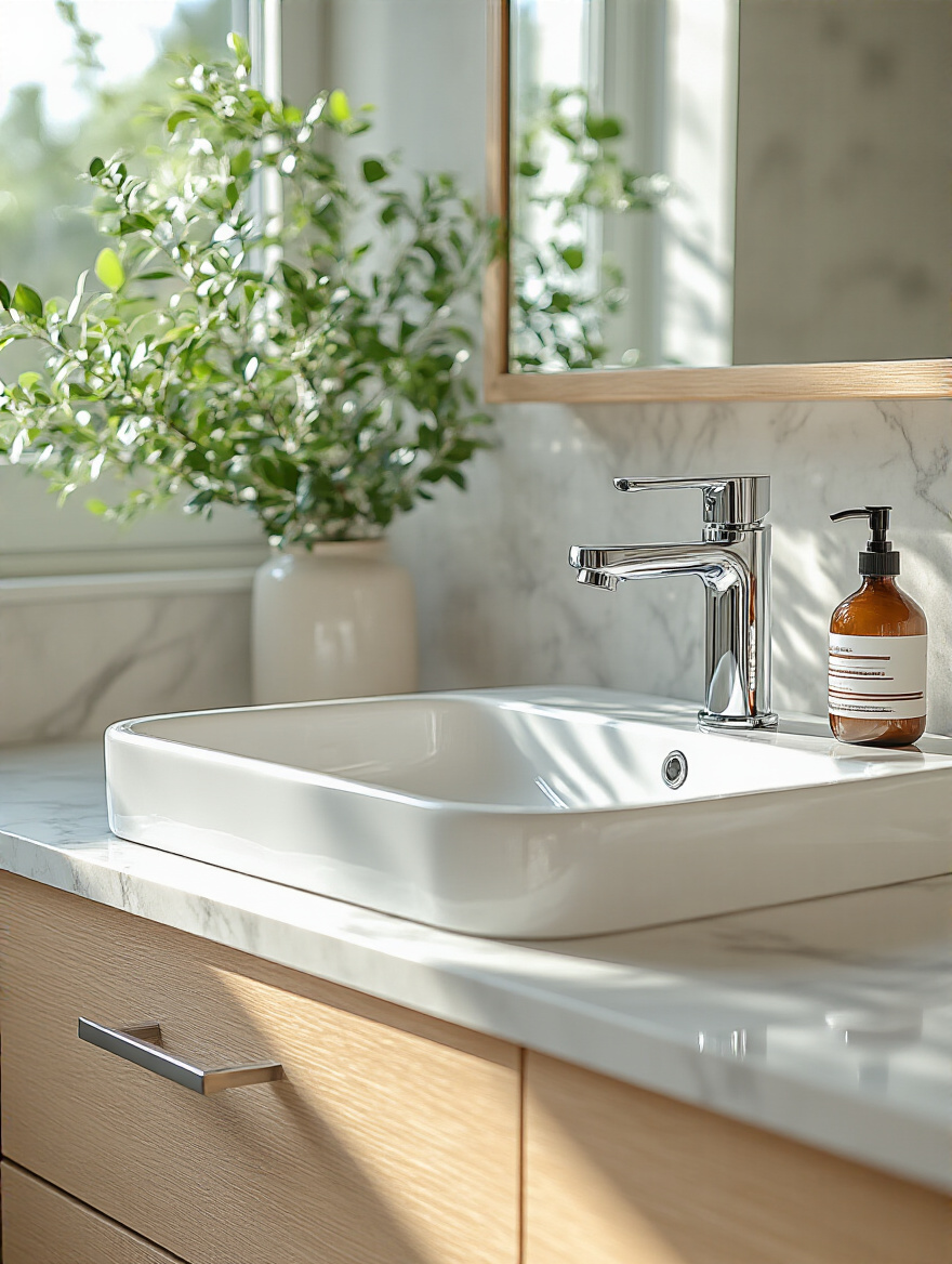 Elegant bathroom vanity with a polished chrome widespread faucet and matching minimalist cabinet pulls, showcasing a modern bathroom hardware upgrade for a cohesive design.