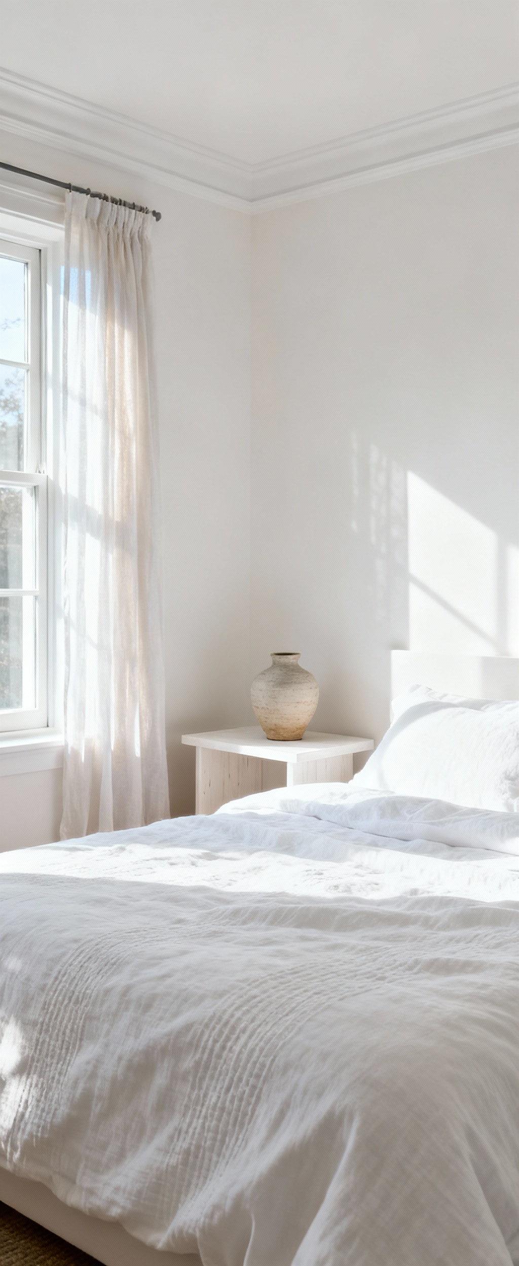 A sophisticated bedroom interior in shades of white, showcasing how various white hues and textures – from warm-toned walls to cool linen and ceramic – interplay under soft natural light, creating a psychologically resonant and serene ambiance.
