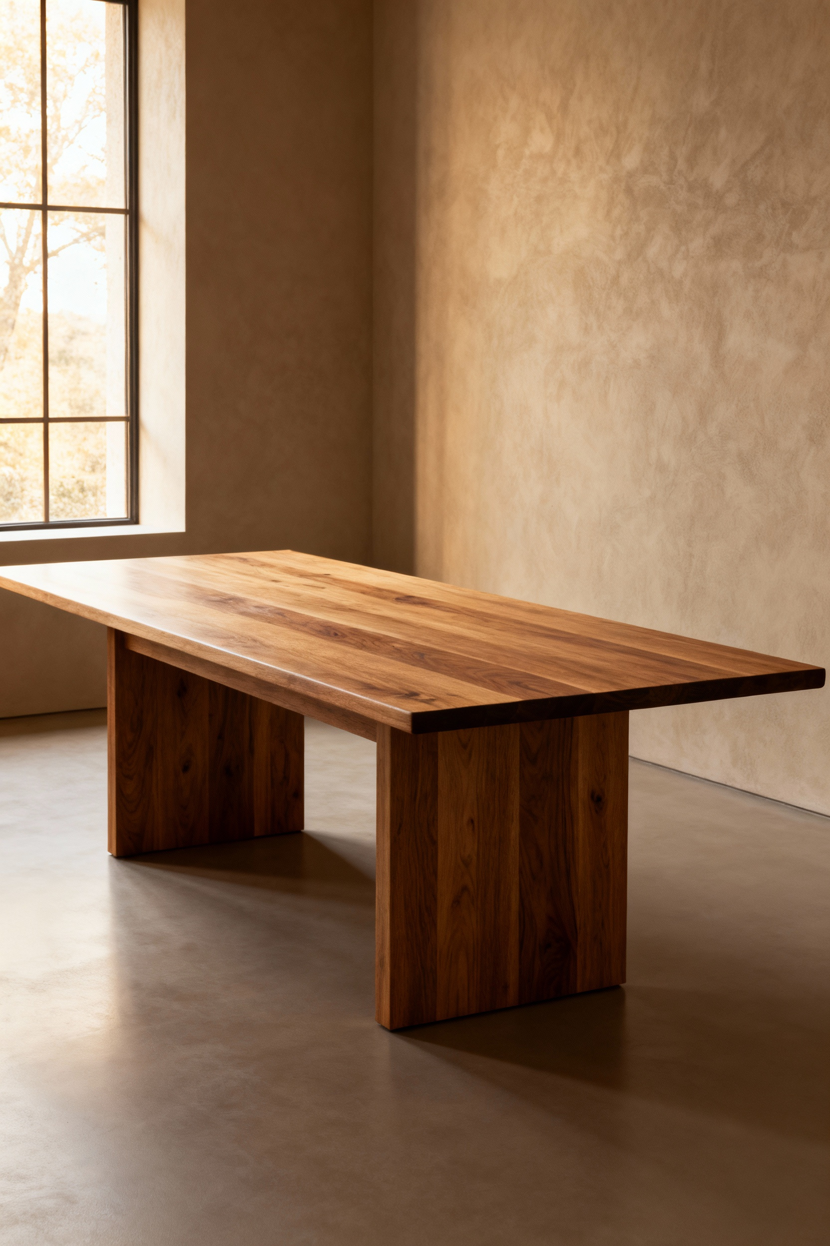 Contemporary solid oak dining table in a serenely lit room, showcasing harmonious aesthetics and environmental resonance. No people. Modern interior design.