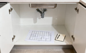 A meticulously clean, empty under-sink kitchen cabinet with a conceptual spatial grid drawing and a notebook, representing the crucial initial steps of a complete decluttering purge and inventory for kitchen organization.