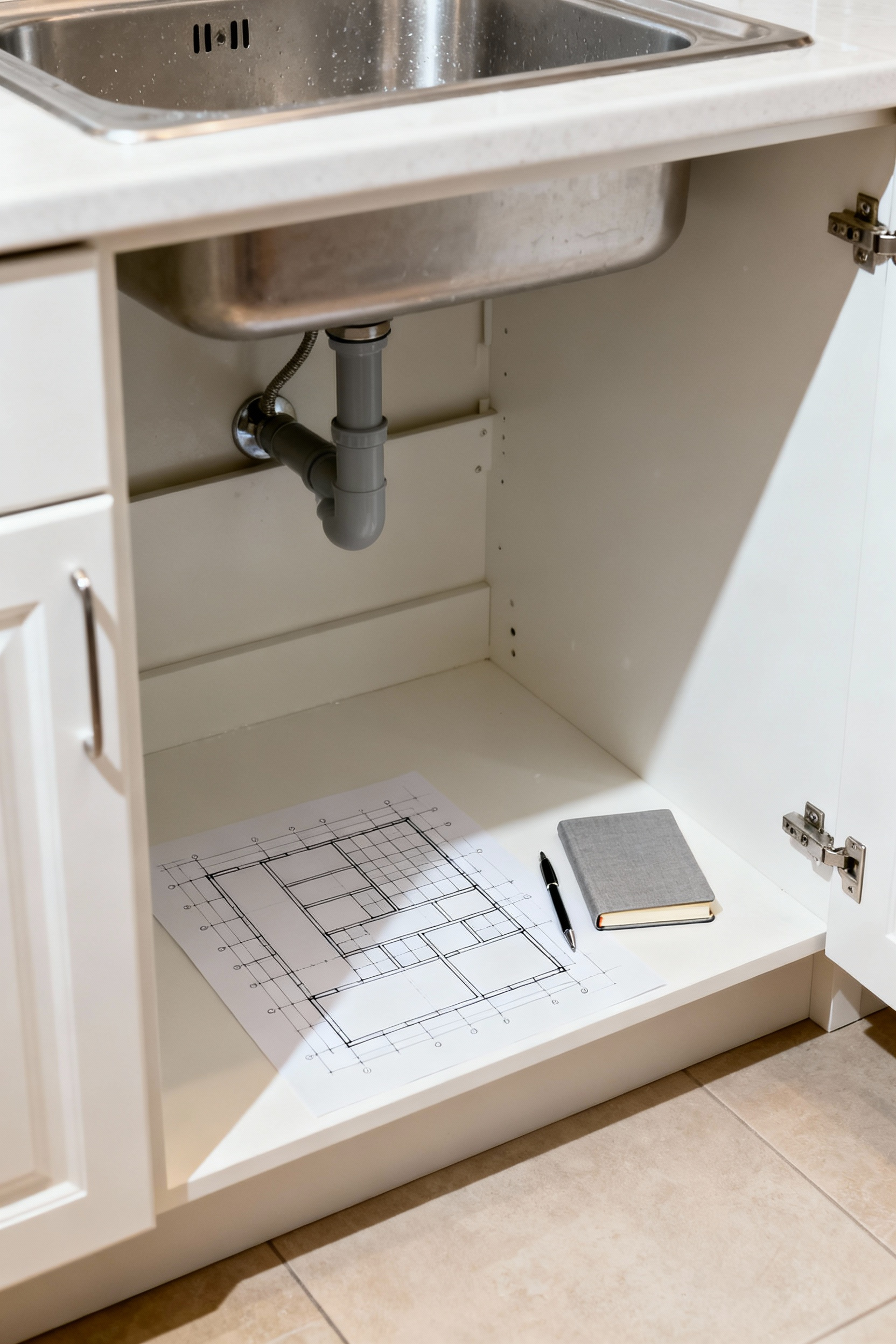 A meticulously clean, empty under-sink kitchen cabinet with a conceptual spatial grid drawing and a notebook, representing the crucial initial steps of a complete decluttering purge and inventory for kitchen organization.