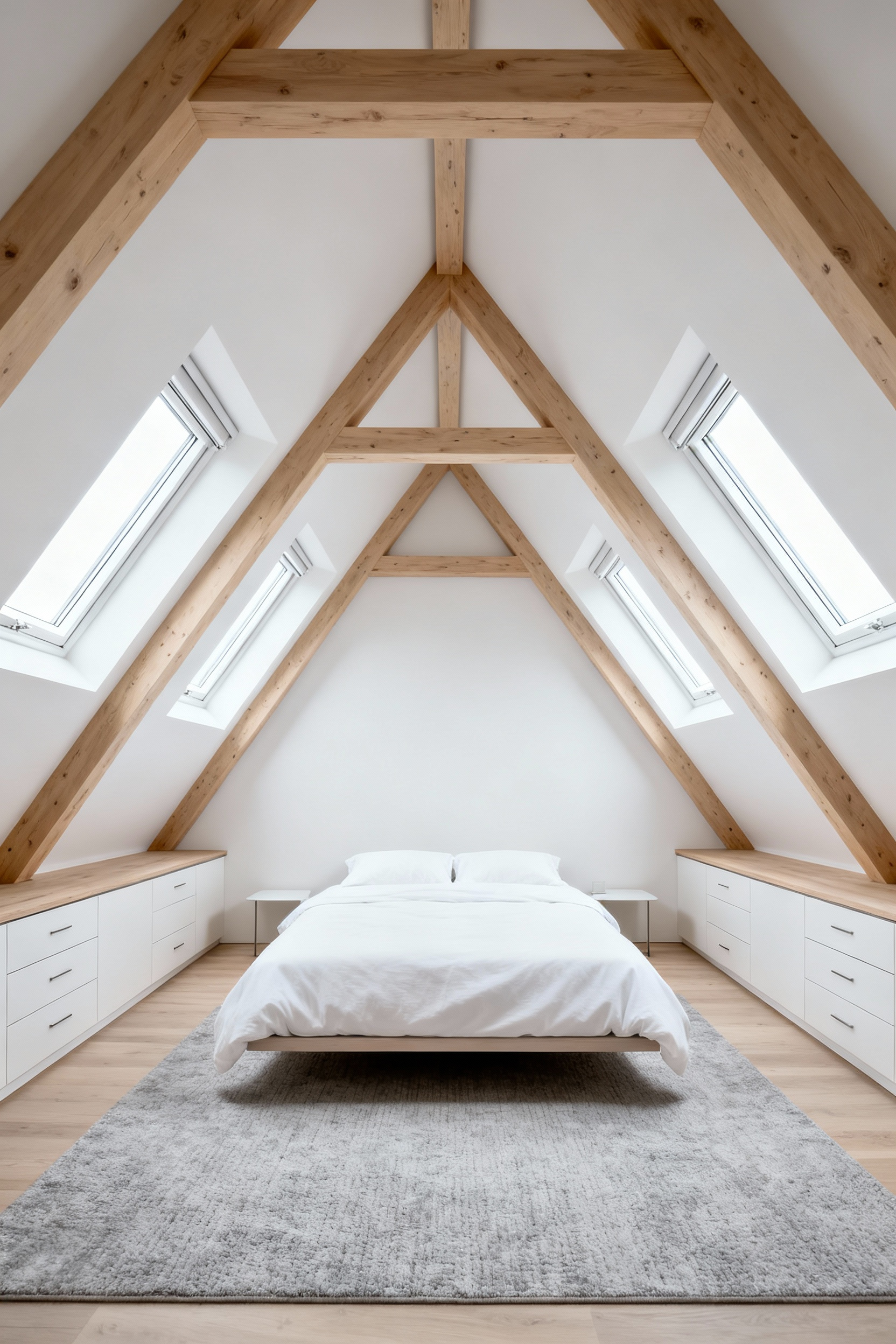 A symmetrical A-frame attic bedroom featuring a floating layout, where the queen bed is centered under the vaulted ceiling apex to maximize headroom. Low custom built-in drawers line the walls beneath the sloping rooflines.