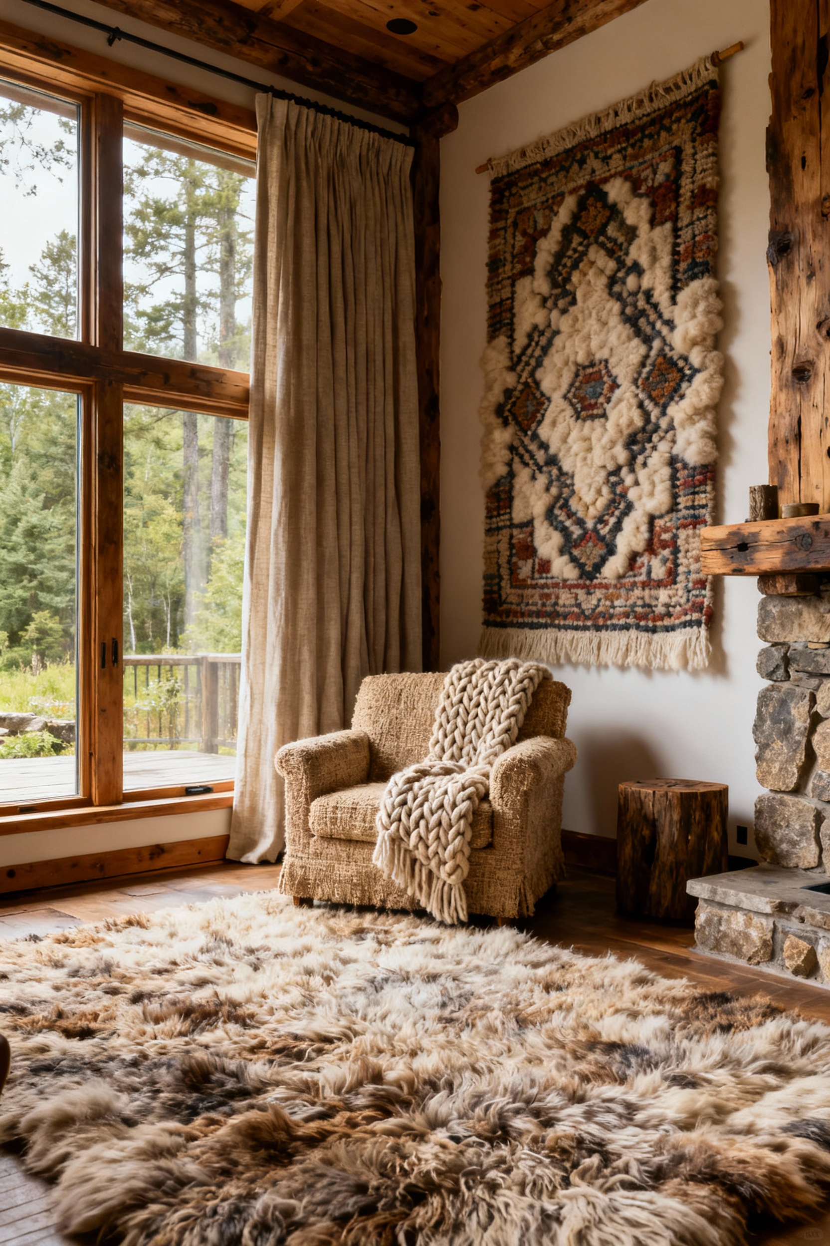 Rustic living room with heavy wool rug, thick linen curtains, and a woven wall tapestry creating acoustic warmth. Cozy, inviting interior design.