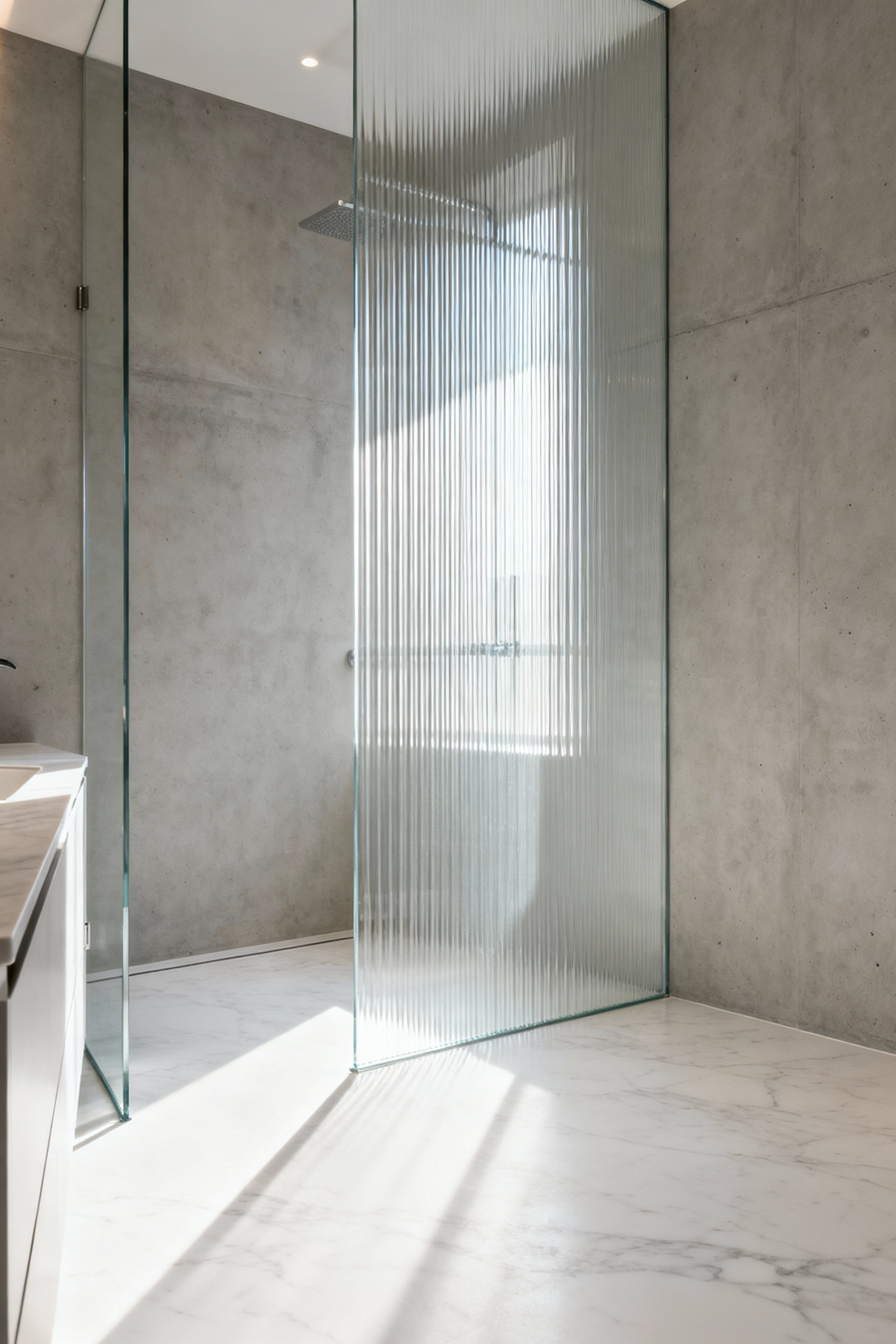 Minimalist bathroom with a vertical fluted glass partition diffusing natural light from a window, separating the shower from the vanity area, emphasizing opaque transparency.