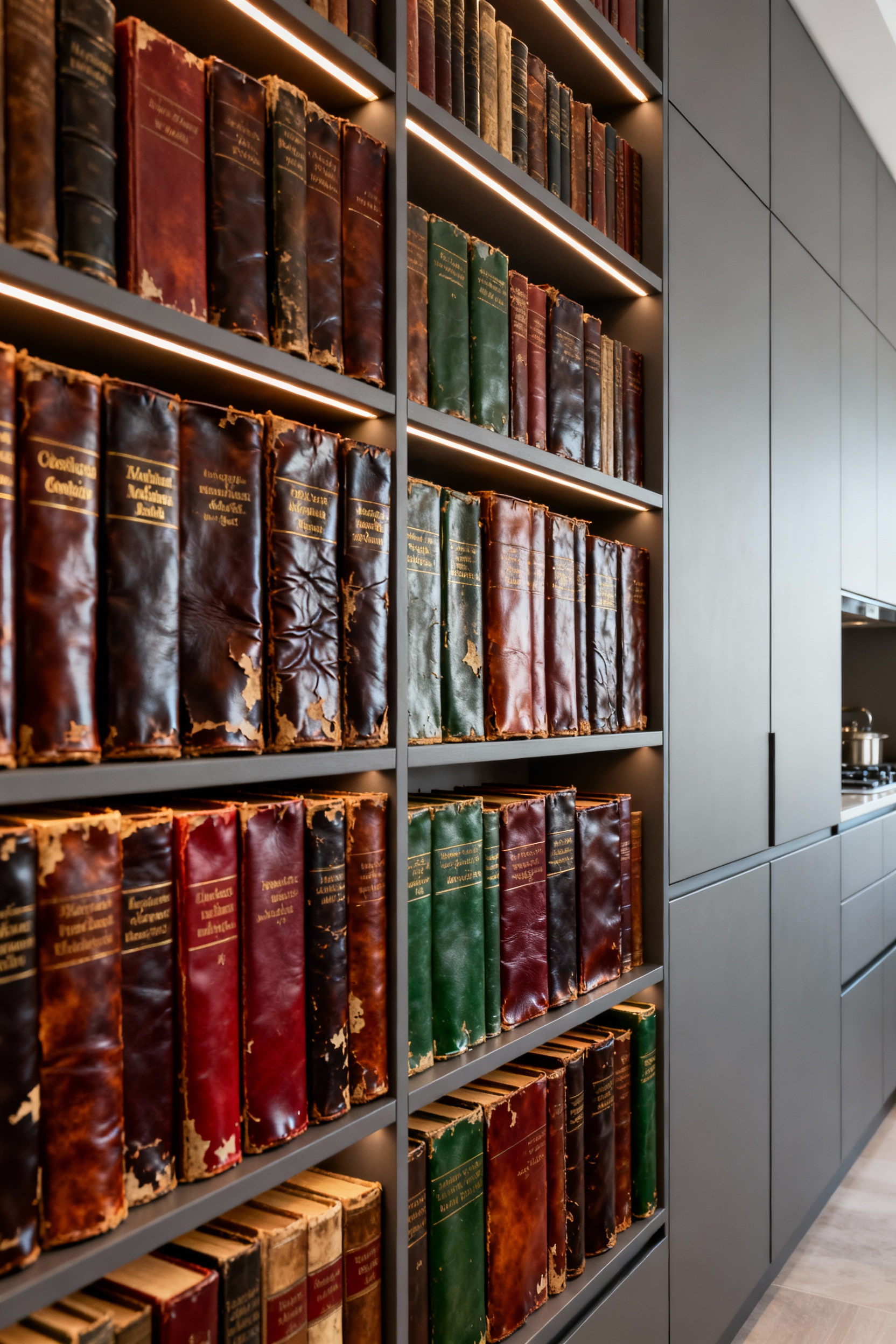 A photograph of a built-in kitchen wall bookshelf densely packed with antique cookbooks featuring worn leather spines in brown, green, and oxblood, contrasting with modern flat-panel cabinetry.