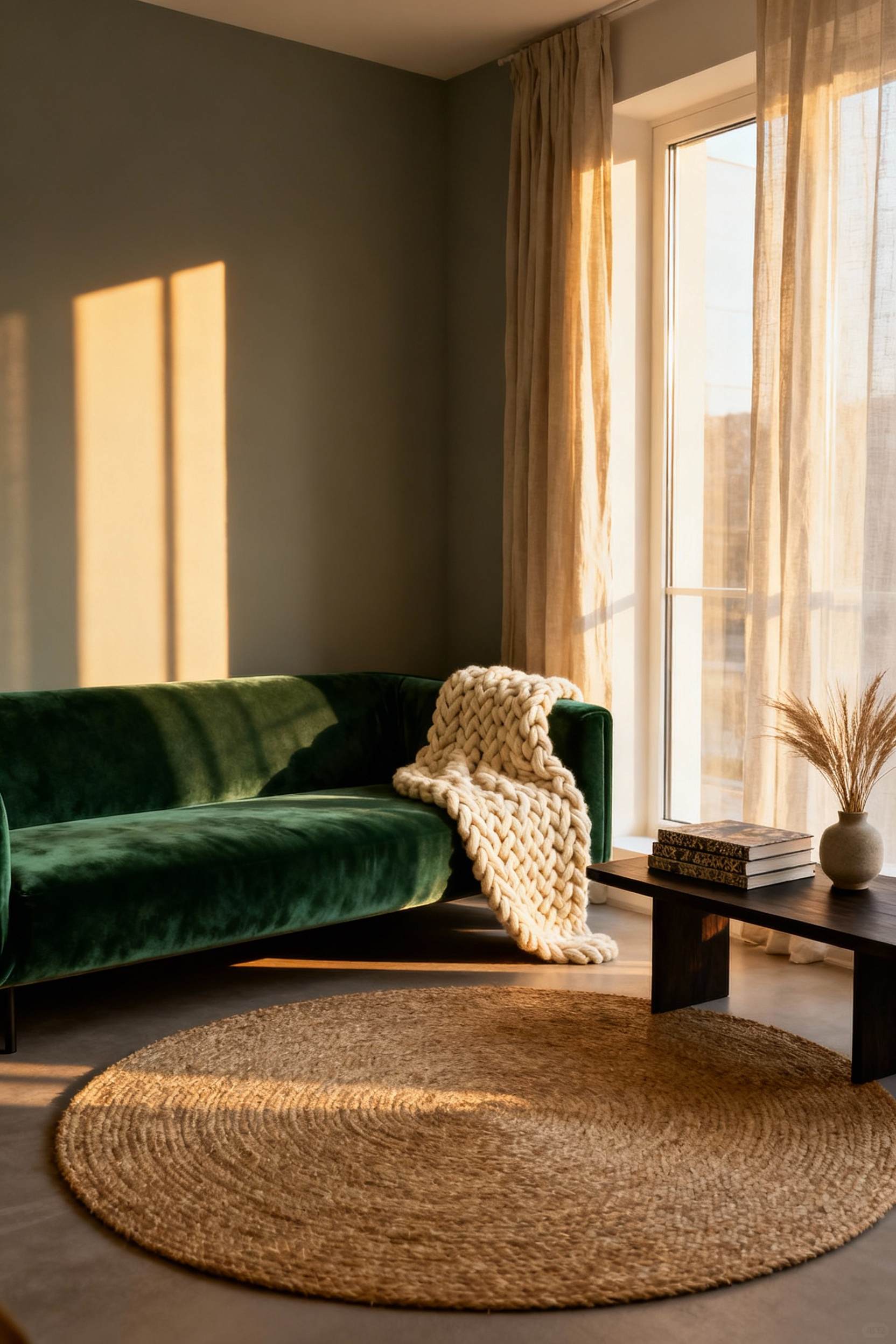An intimate apartment living room featuring a deep emerald green velvet sofa layered with a cream chunky knit throw, illustrating how contrasting textiles create a cozy, layered sensory cocoon ambiance.