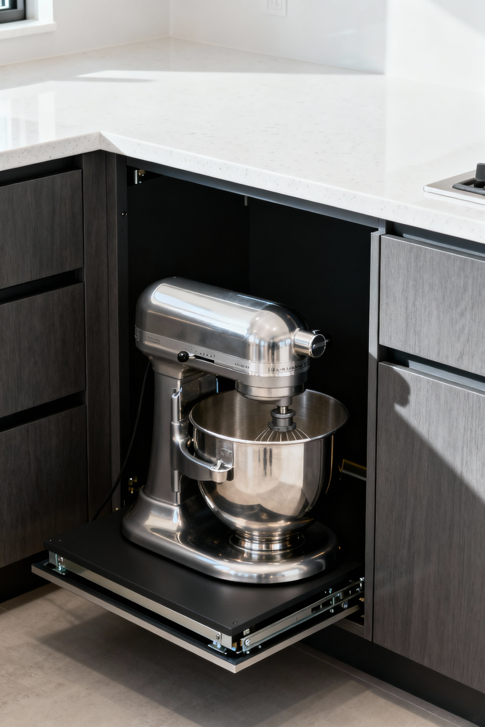 A modern kitchen showing a silver stand mixer ergonomically raised from a custom base cabinet by an appliance lift, highlighting smart kitchen storage and clear countertops.