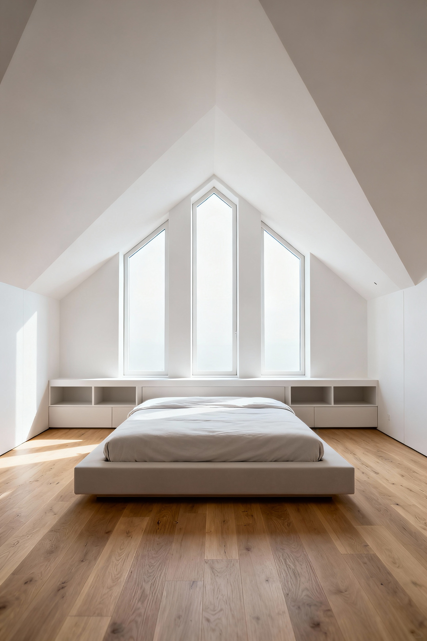 Luxuriously renovated attic bedroom with a gable-to-gable dormer extension, showcasing full-height straight walls and three tall vertical windows providing abundant natural light.