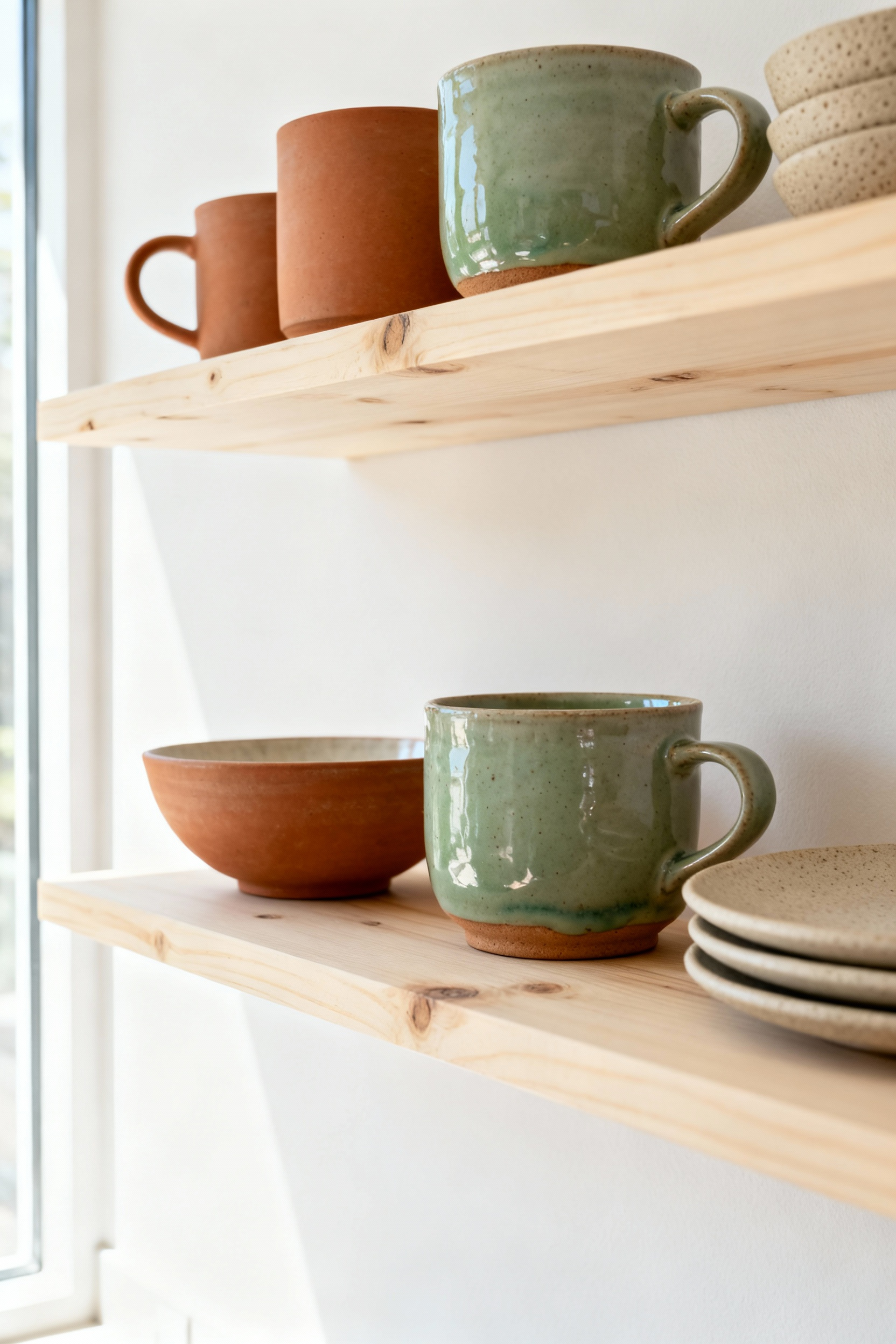 Scandinavian kitchen open shelving displaying a collection of artisanal ceramic dinnerware and mugs, featuring light birch wood, earthy tones, and textured glazes under natural light.