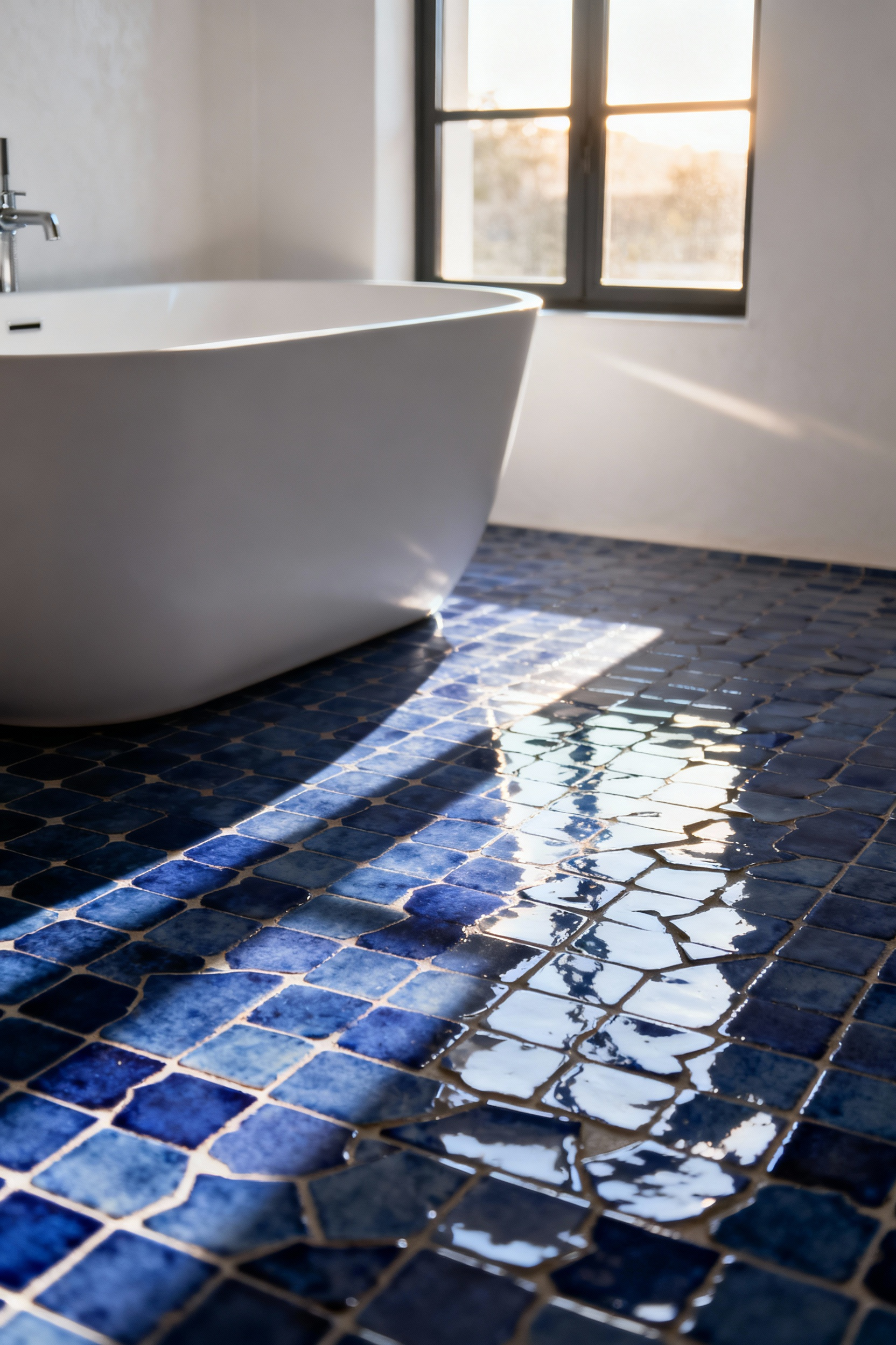 Bathroom floor featuring luminous, irregularly glazed indigo blue Moroccan Zellige tiles reflecting warm natural light near a white freestanding bathtub.