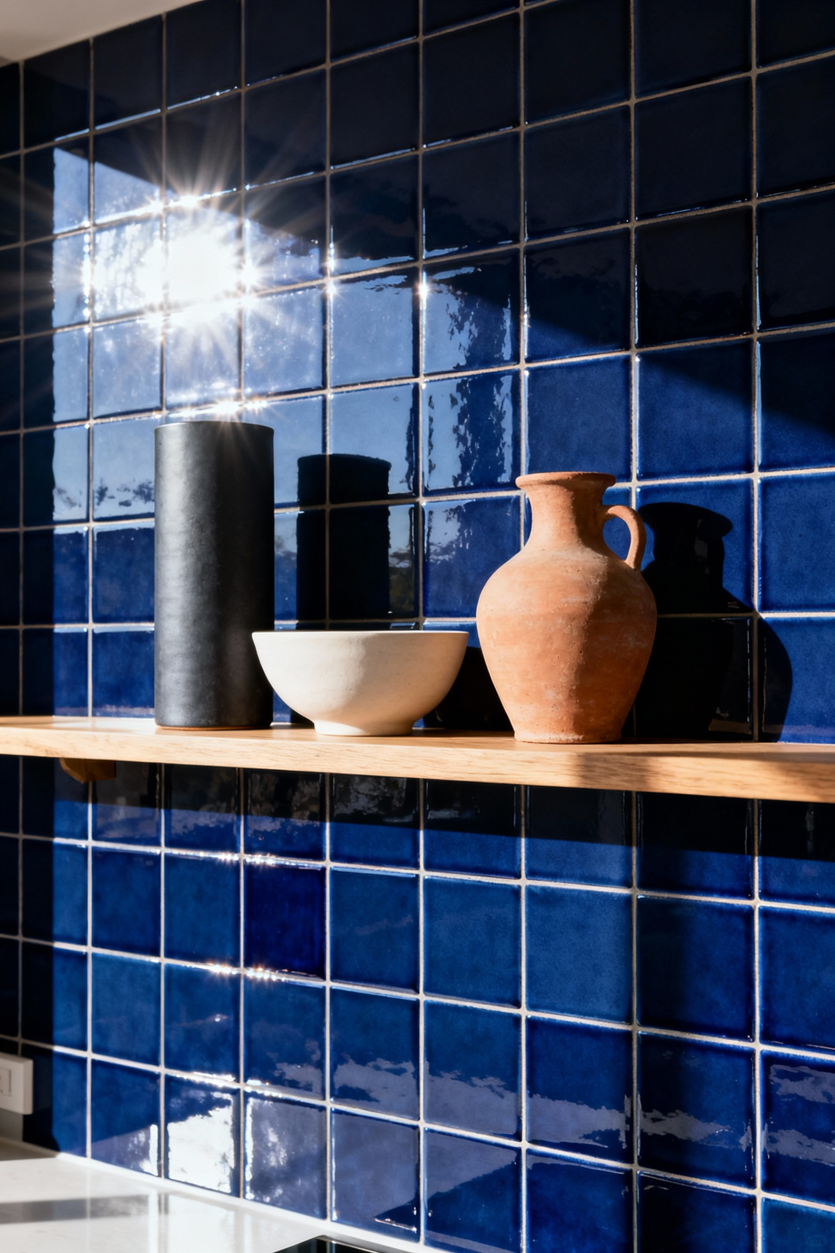 Asymmetrical grouping of matte stoneware and ceramic pottery against a deep navy blue high-gloss tiled kitchen wall, illustrating sophisticated textural contrast.