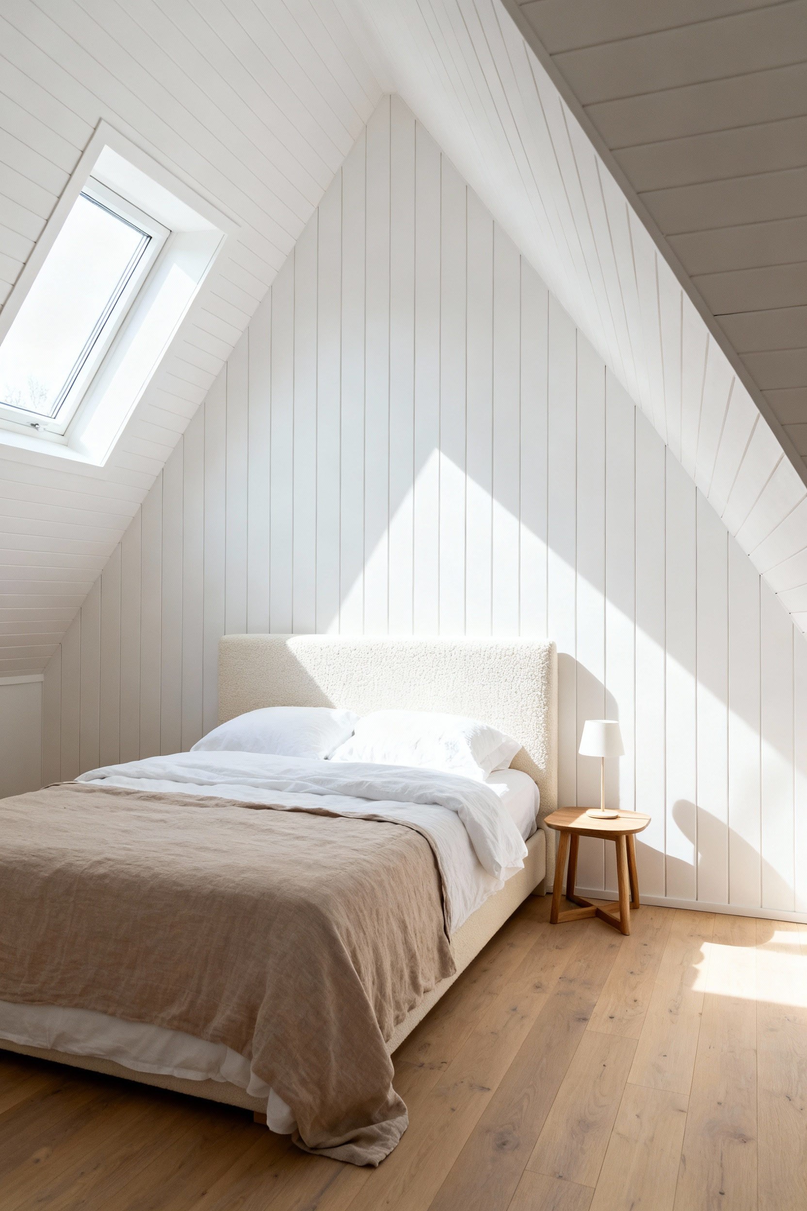 A bright, modern attic bedroom showing a queen bed positioned against the full-height gable wall to maximize headroom and open floor area under the steeply sloped roof.