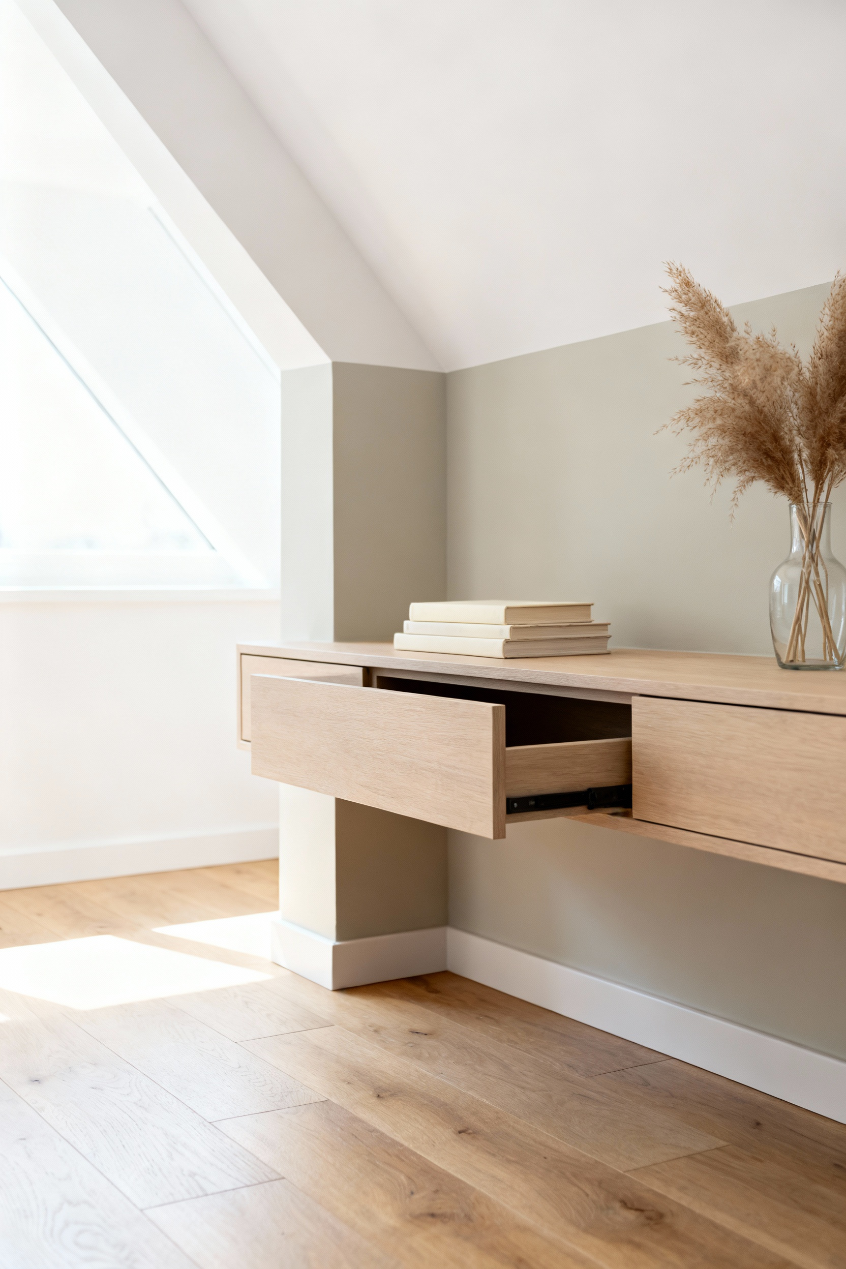Detailed view of a bright attic bedroom showing a six-drawer oak dresser custom recessed perfectly flush into the low knee wall, maximizing floor space.