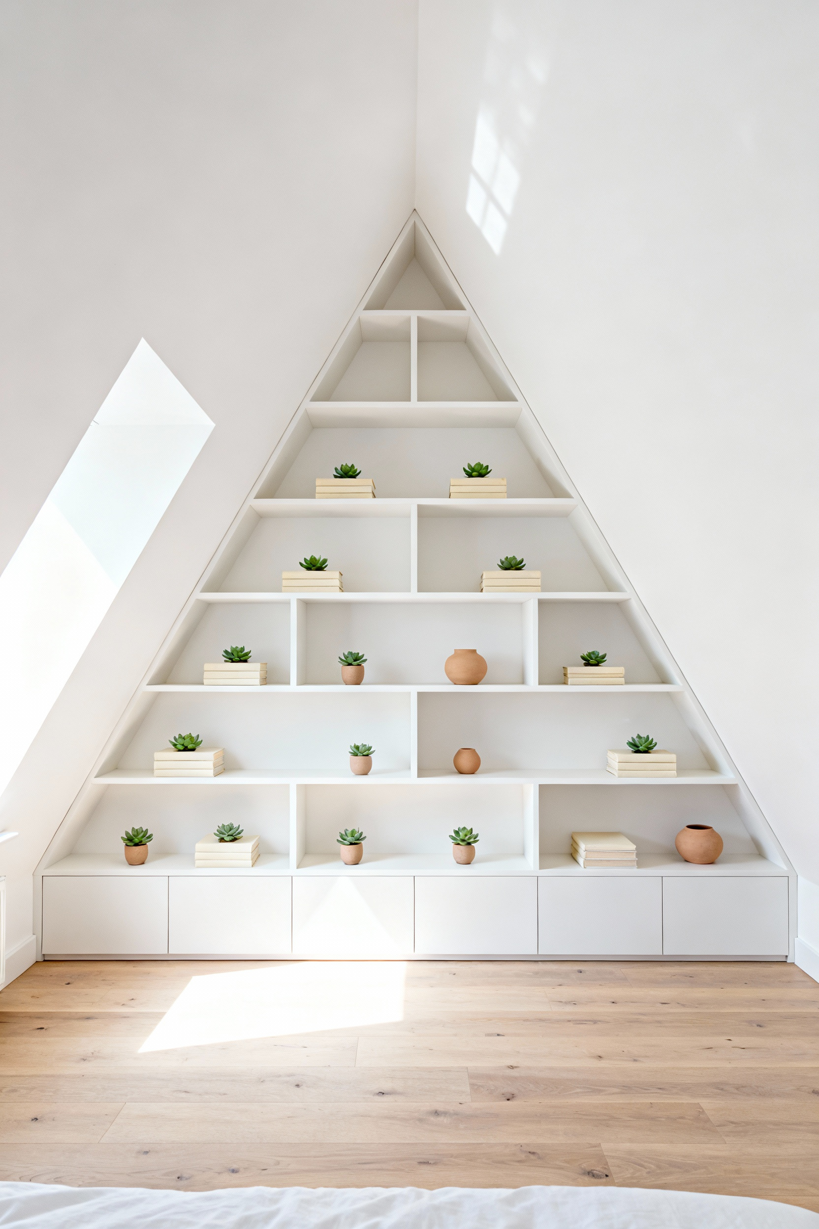 Custom white triangular shelving built into the awkward gable end wall of a bright attic bedroom, maximizing vertical storage space.