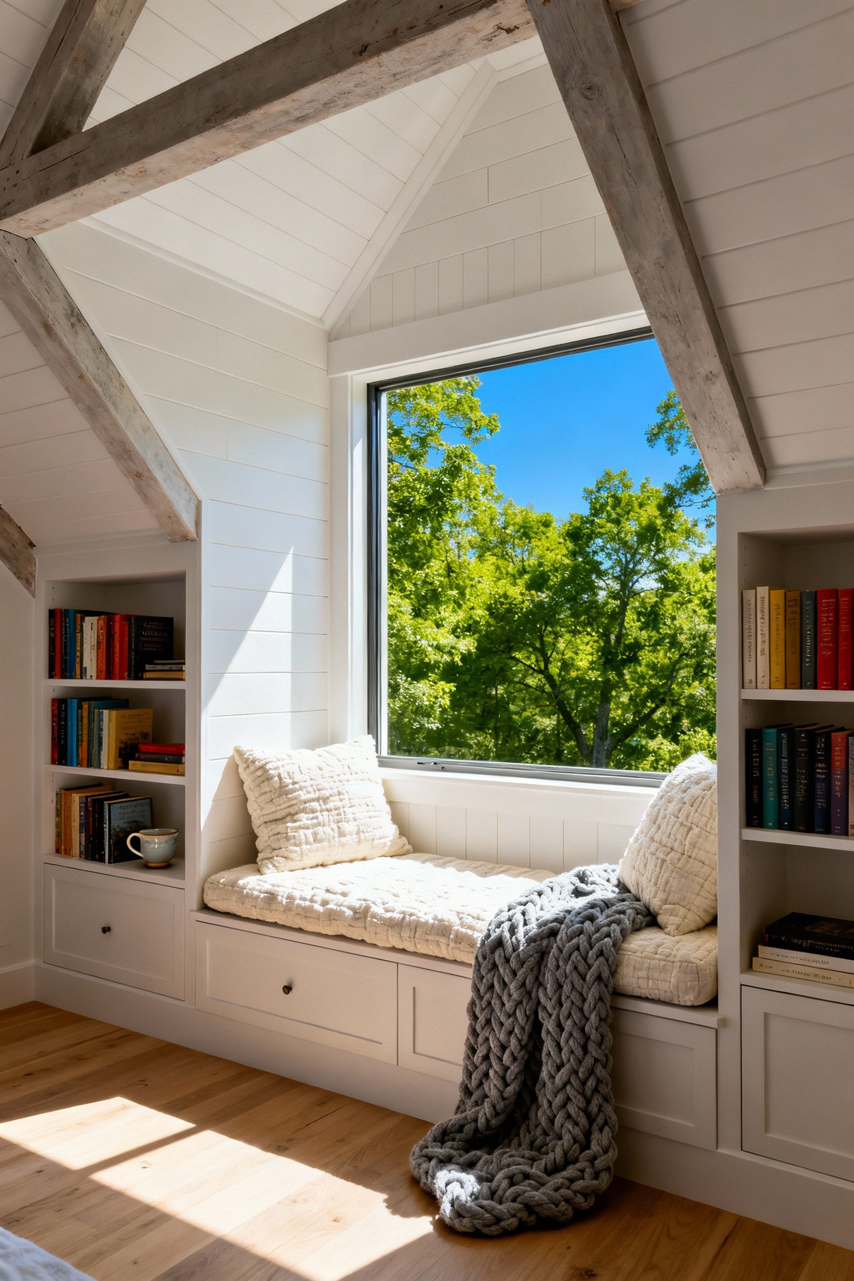 A professionally designed attic dormer window transformed into a cozy reading nook sanctuary with built-in seating, integrated bookshelves, white shiplap walls, and light pouring in, framing a view of lush green trees.